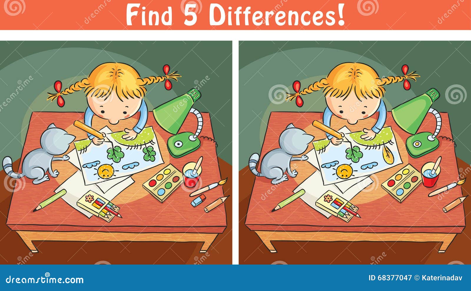 find differences game with a cartoon girl drawing a picture