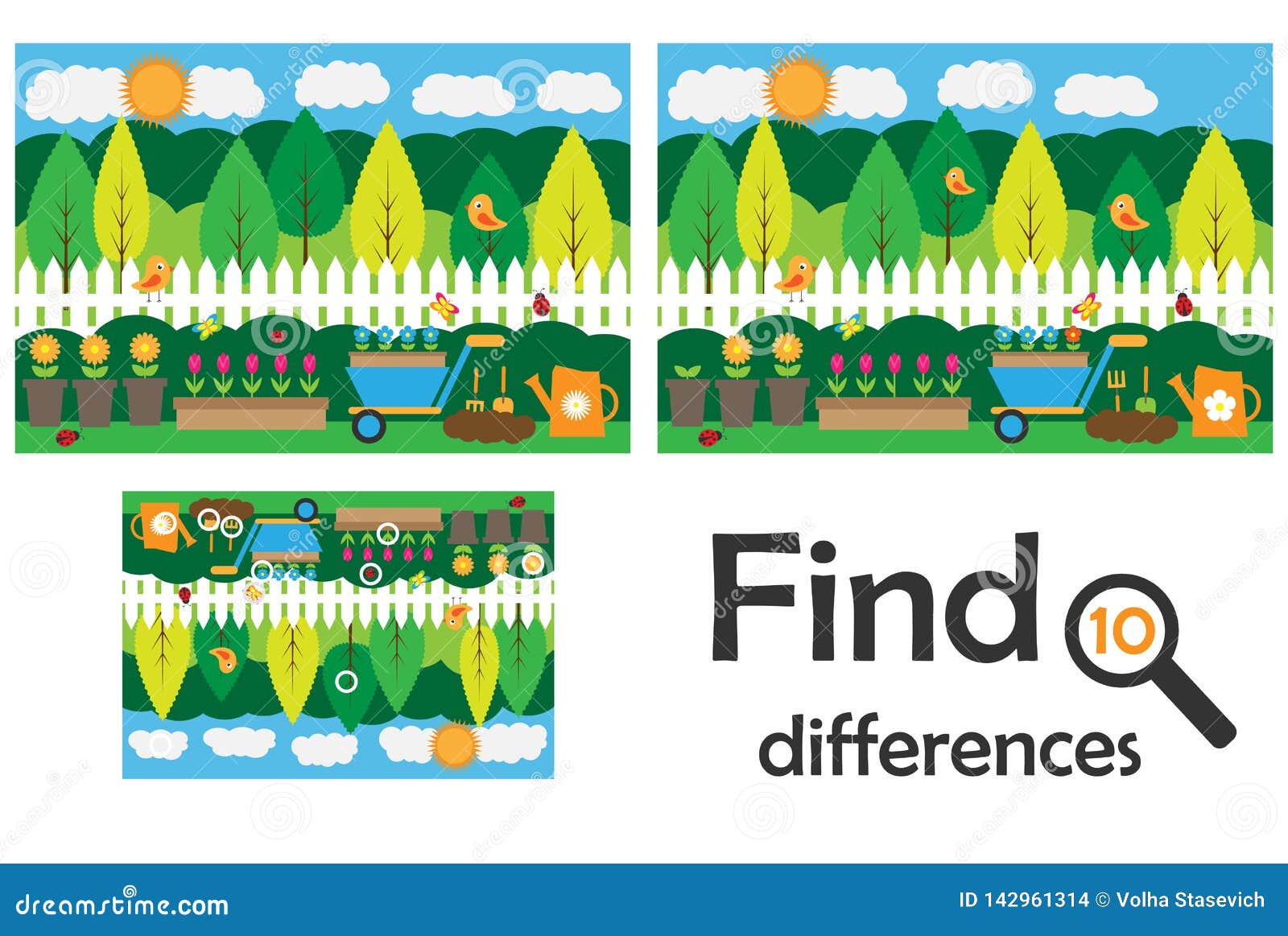 find 10 differences, game for children, garden cartoon, education game for kids, preschool worksheet activity, task for the