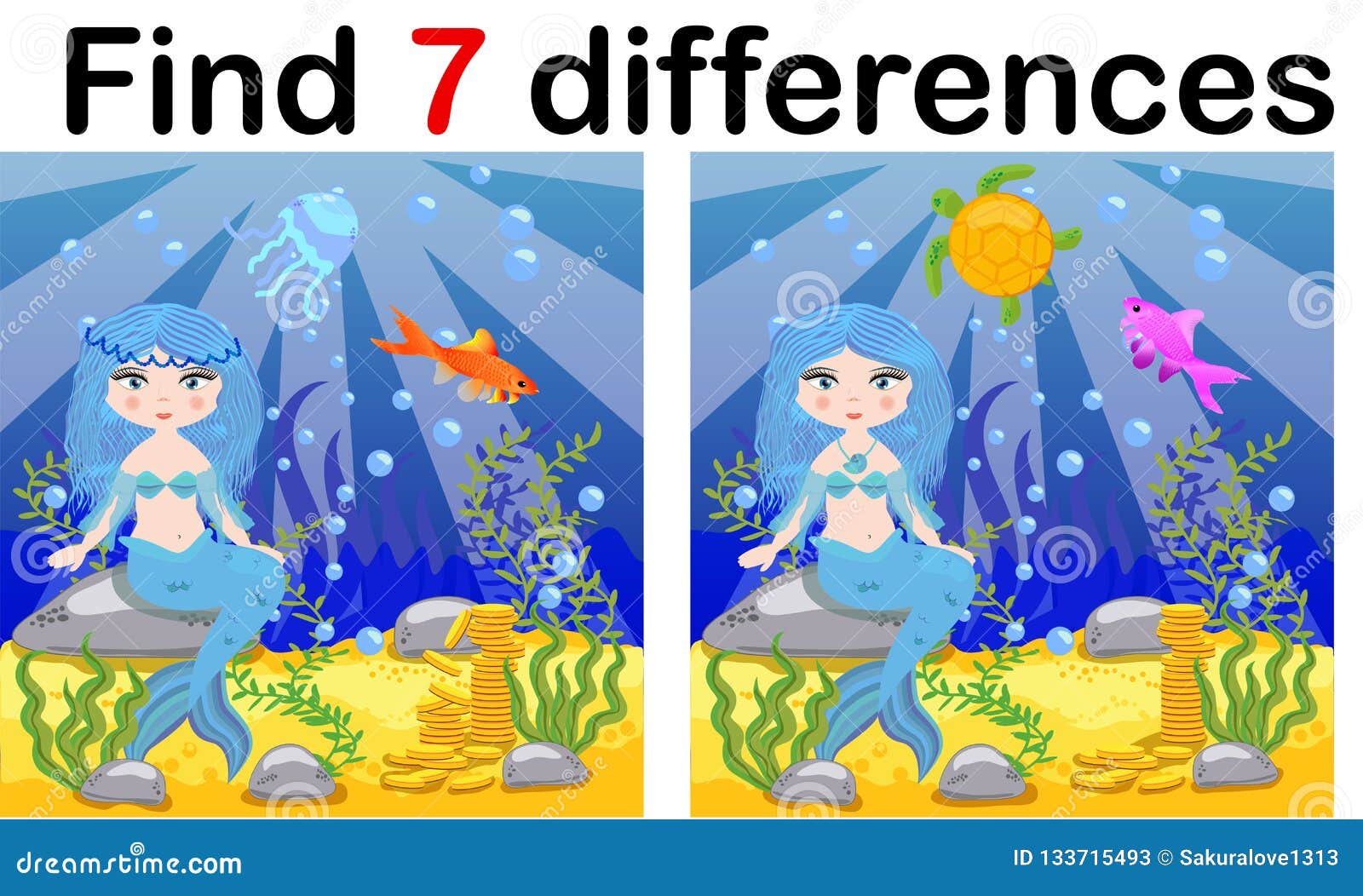 Find Differences Game For Children Mermaid Underwater In