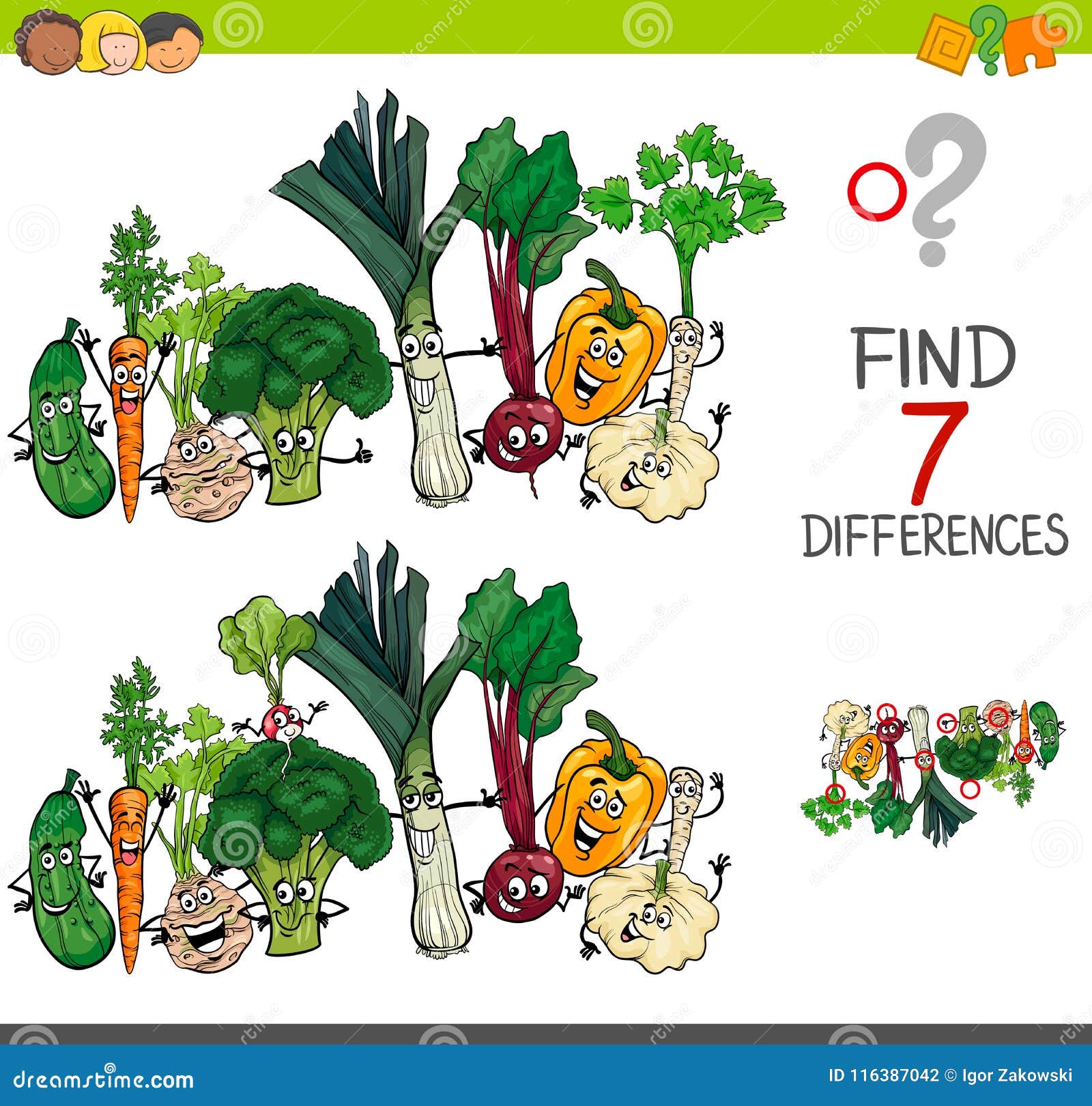 Find Differences Game with Vegetables Characters Stock Vector ...