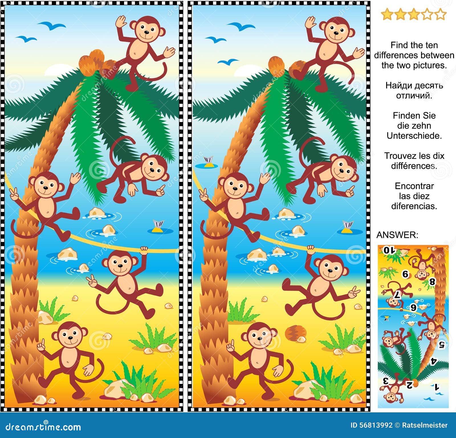 find the differences picture puzzle - monkeys, beach, coconut palm
