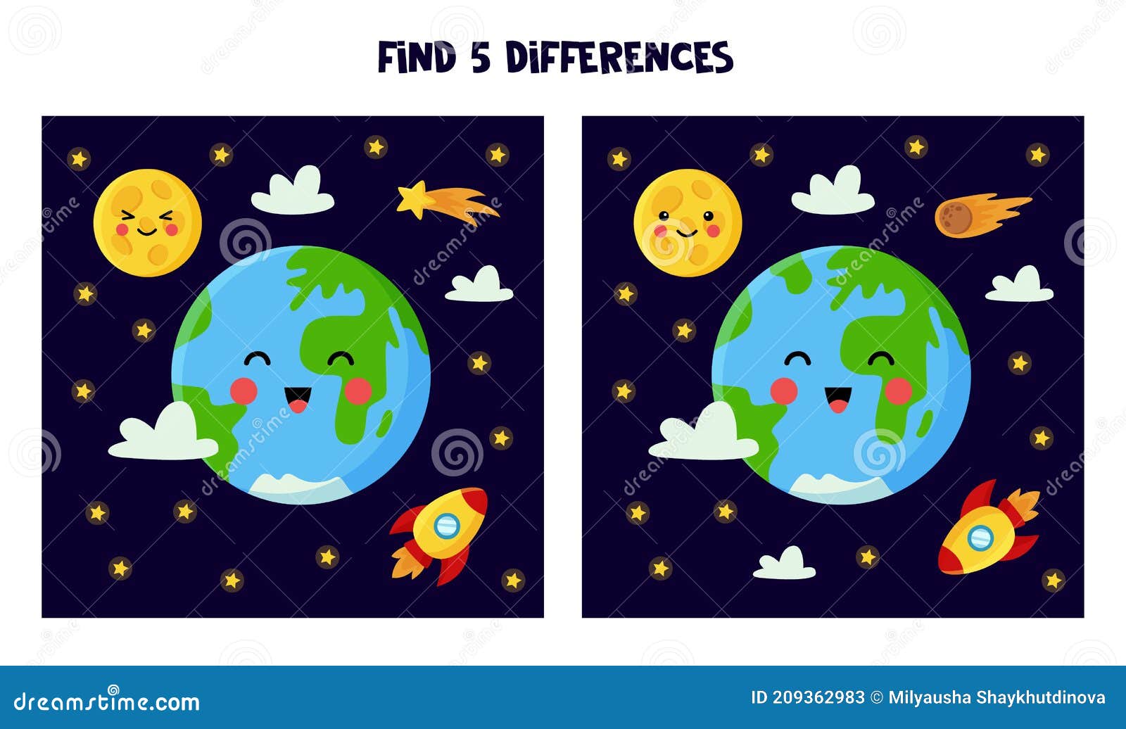 Find 5 Differences between Pictures. Space Themed Worksheet for Kids