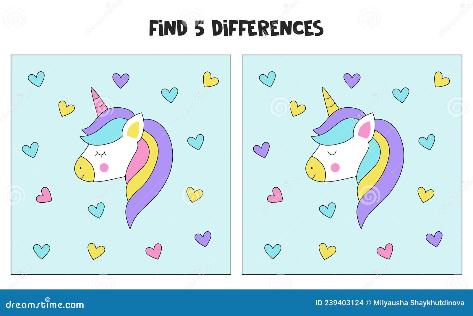 Find 5 Differences between Two Pictures of Unicorns. Stock Vector