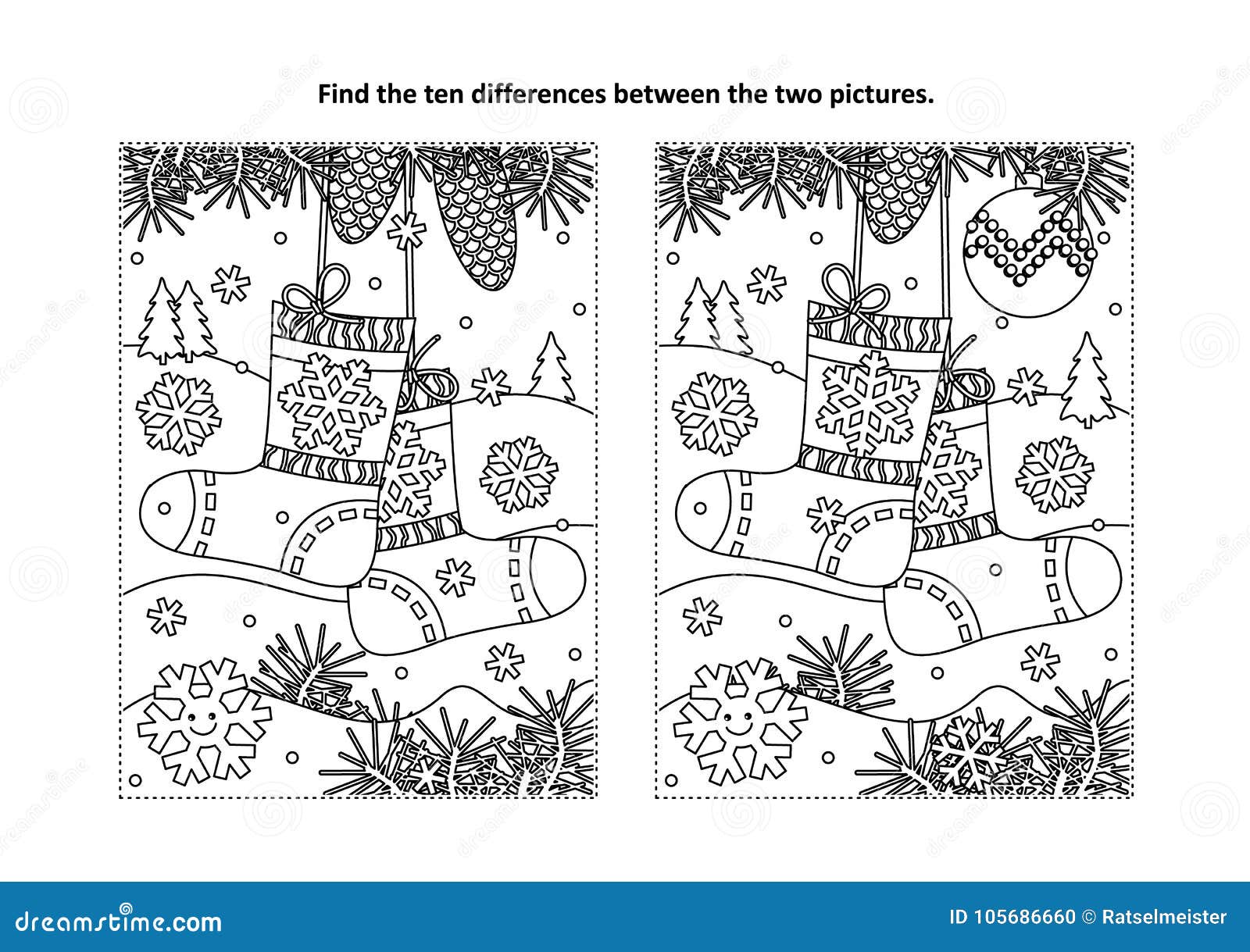 Find the Differences Visual Puzzle and Coloring Page with Christmas