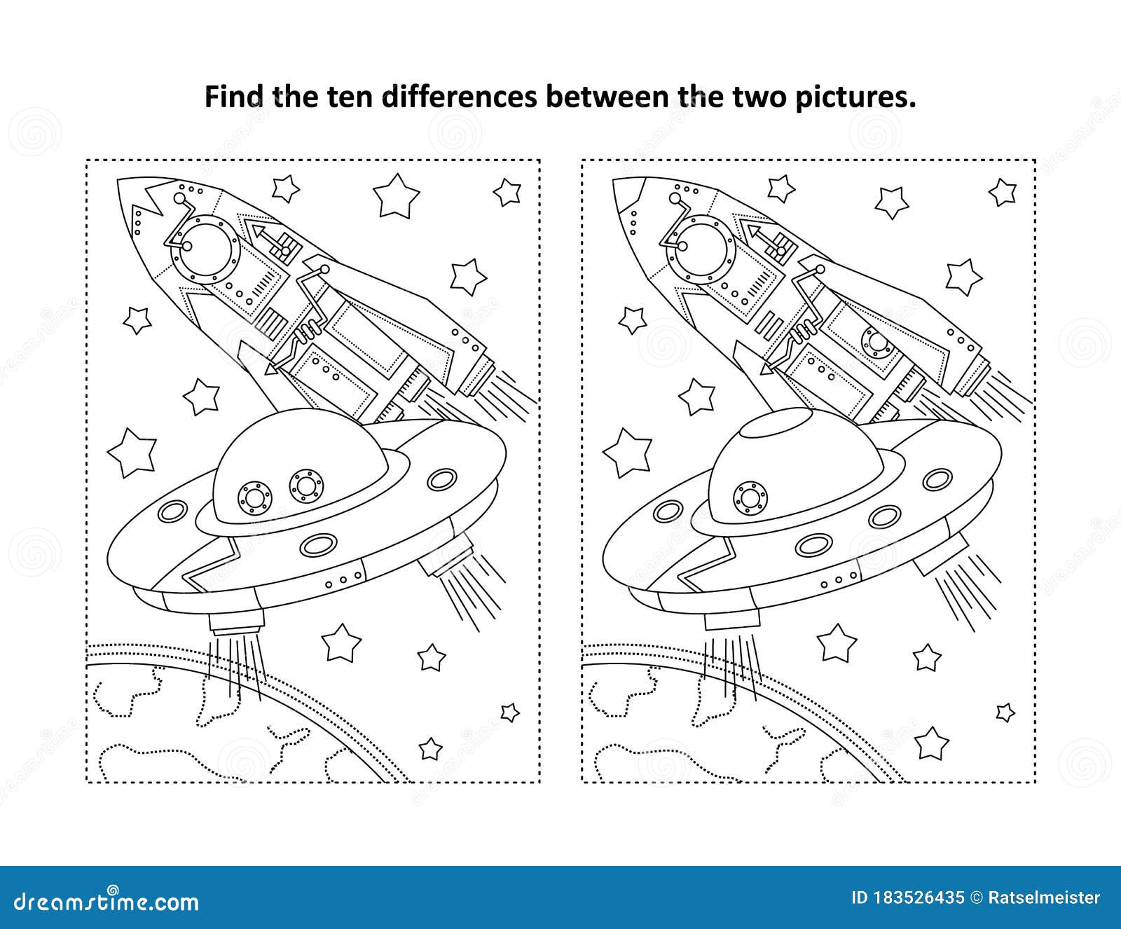 find the differences visual puzzle and coloring page with ufo, earth, spaceship