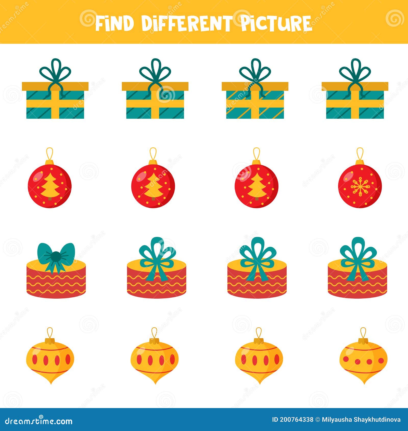 Find Different Christmas Ball or Gift Box in Each Row Stock Vector