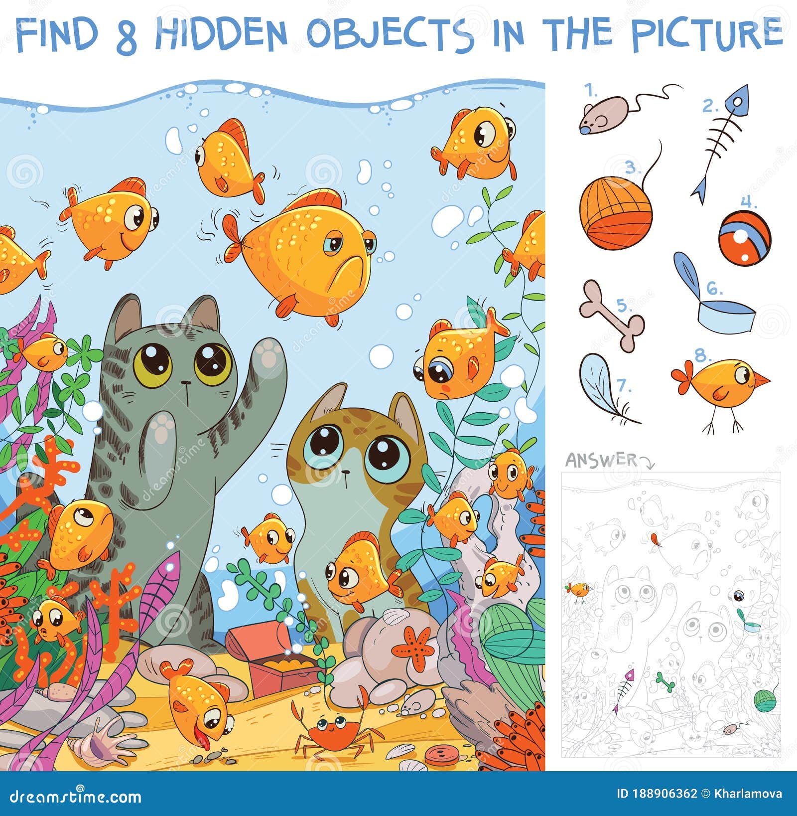find hidden objects. cats looking at fish in an aquarium