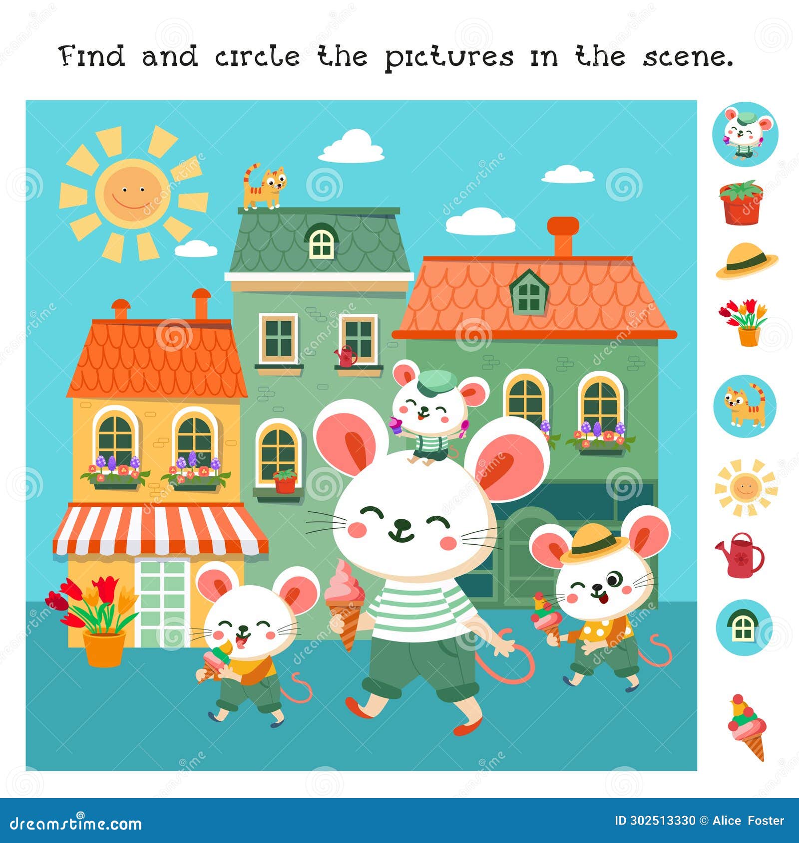 find hidden objects in picture. educational puzzle game for children cute cartoon stylised mice in city eating ice cream