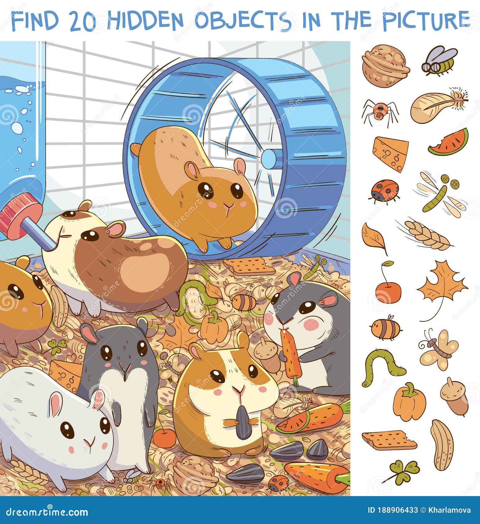 find 20 hidden objects in the picture. hamsters in a cage