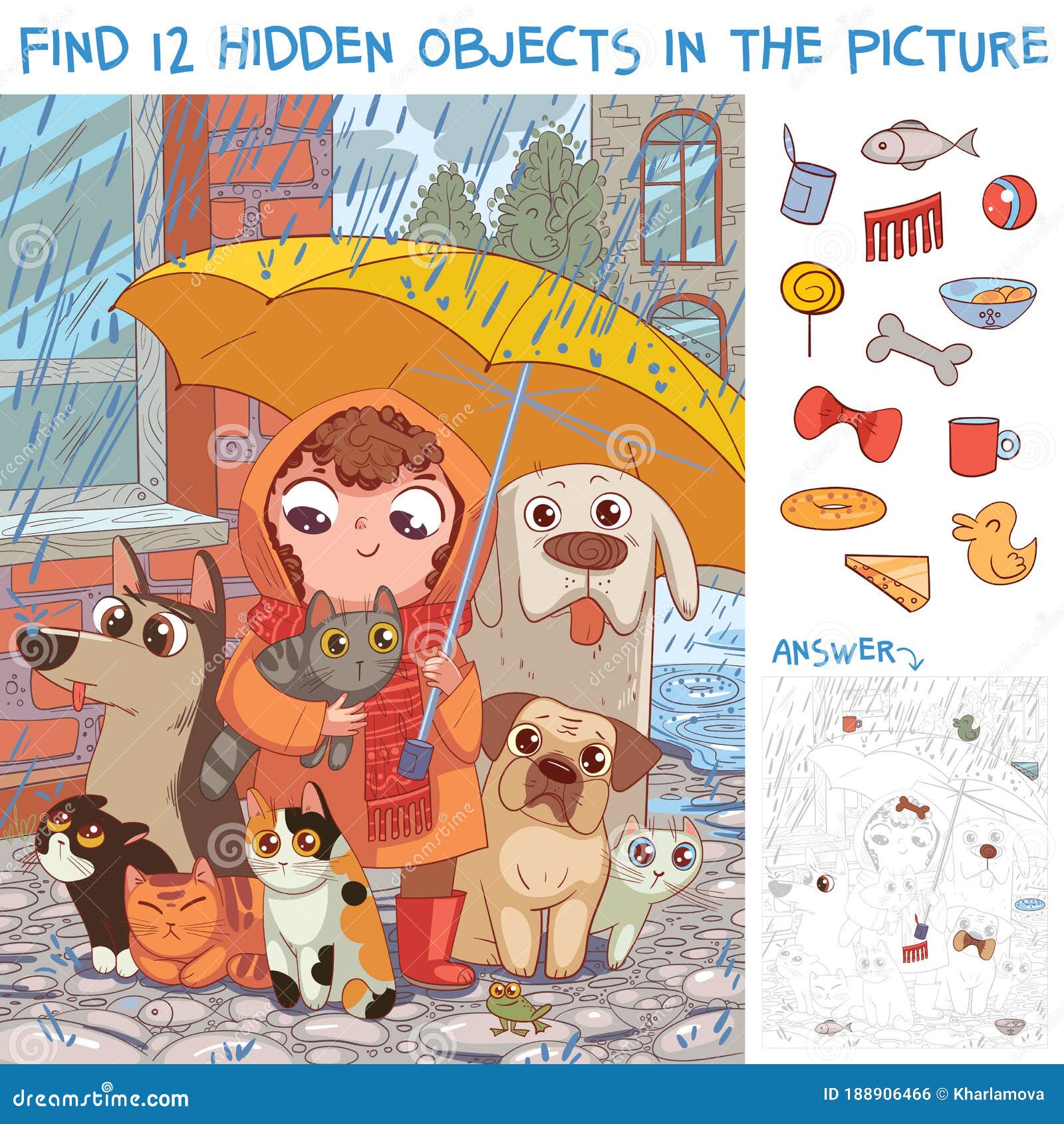 find hidden objects. under umbrella. little girl protects homeless pets from rain