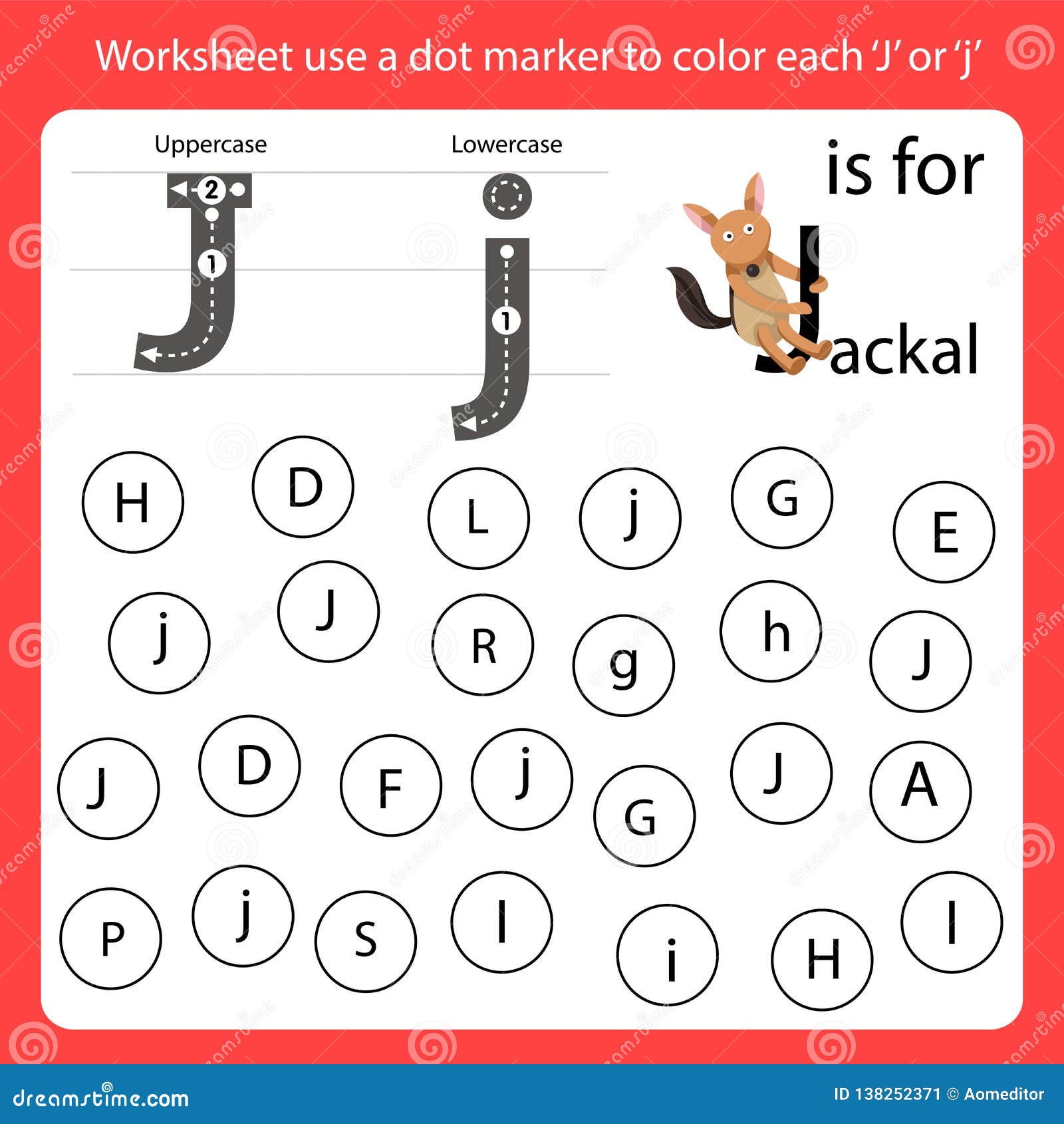 find the letter worksheet use a dot marker to color each j stock vector illustration of outline exercise 138252371
