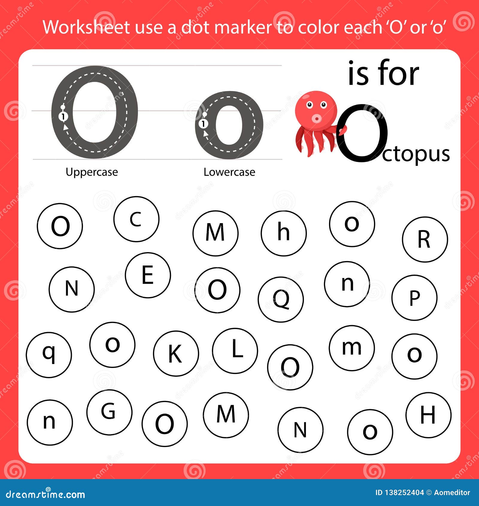 Find the Letter Worksheet Use a Dot Marker To Color Each O Stock Vector