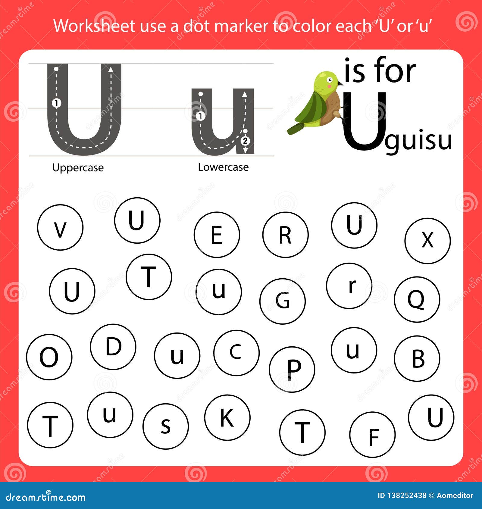 find the letter worksheet use a dot marker to color each u stock vector illustration of education spelling 138252438
