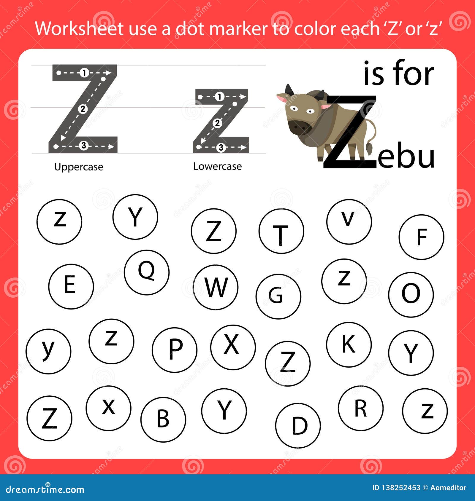 find the letter worksheet use a dot marker to color each z stock vector illustration of cartoon color 138252453