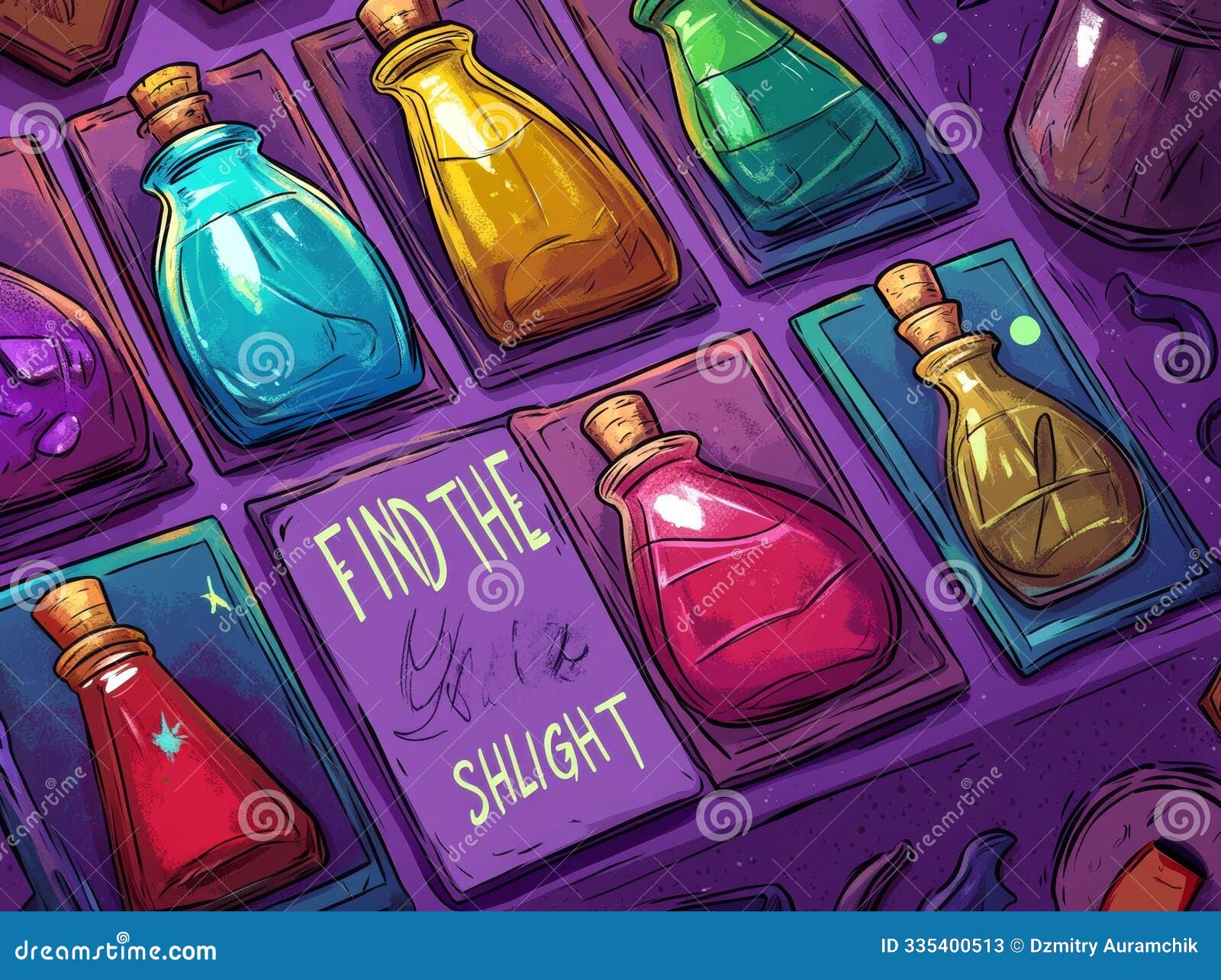 find and match same silhouettes of witch potion or magic spell elixir in bottles in halloween forest, modern puzzle
