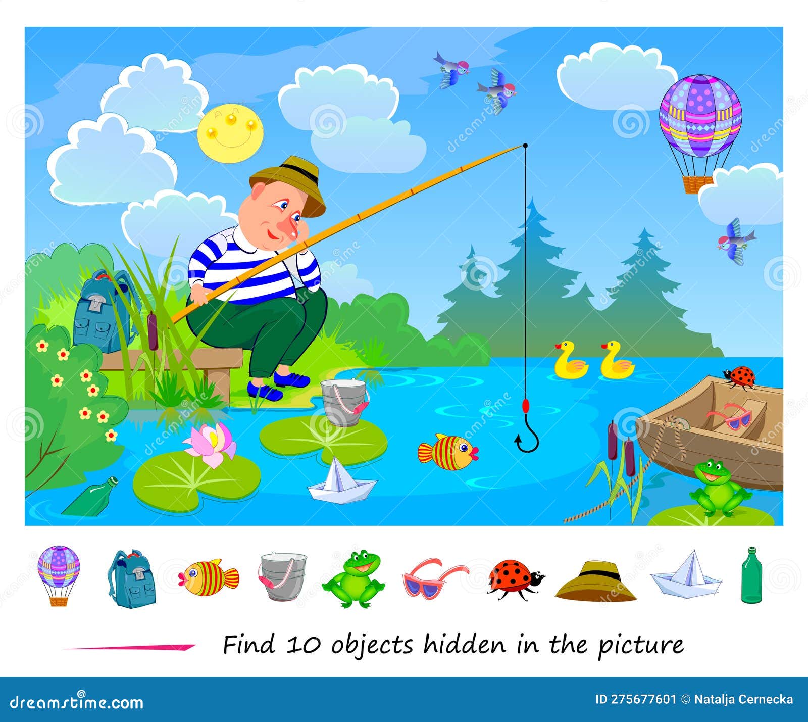 Find 10 Objects Hidden in the Picture. Logic Puzzle Game for Children and  Adults. Fisherman Catching Fish on the Lake Stock Vector - Illustration of  kindergarten, printable: 275677601