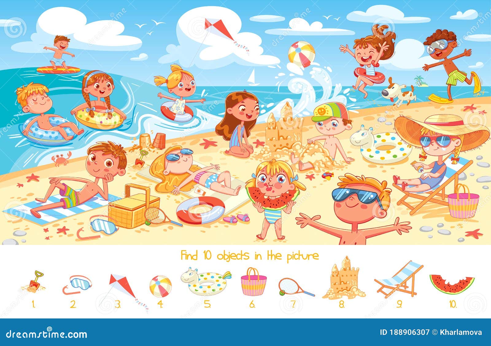 find 10 objects in the picture. group of kids having fun on beach