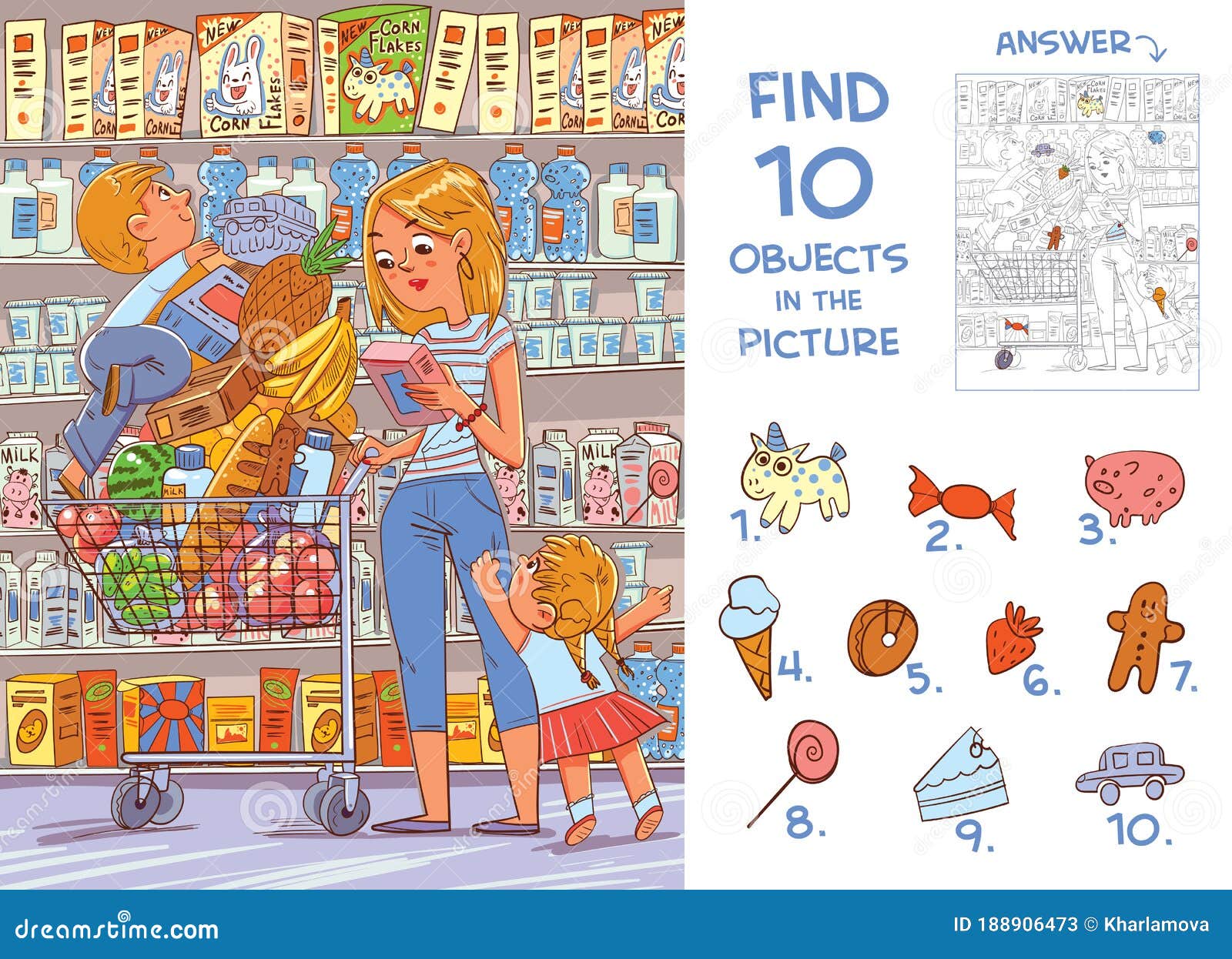 find objects in the picture. mother and two young children are shopping in a supermarket