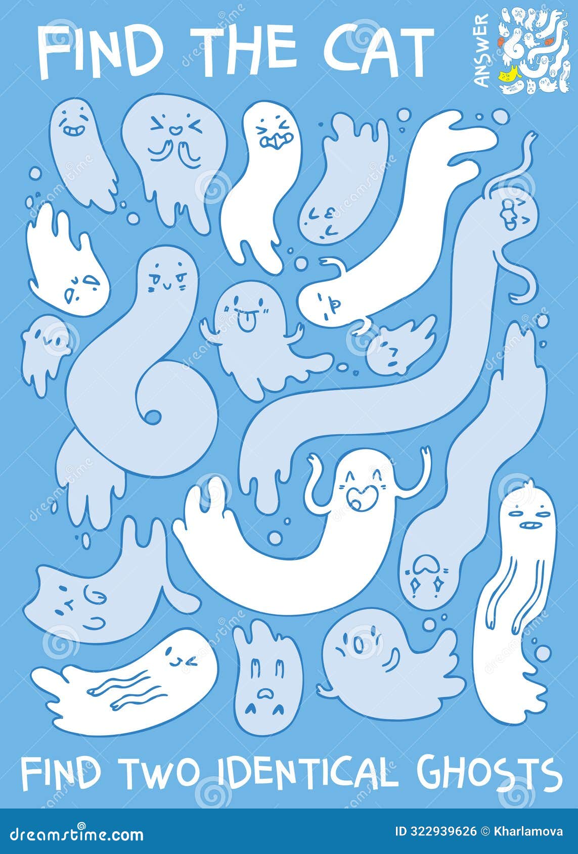 find two identical ghosts. find the cat. extra item. educational game for kids