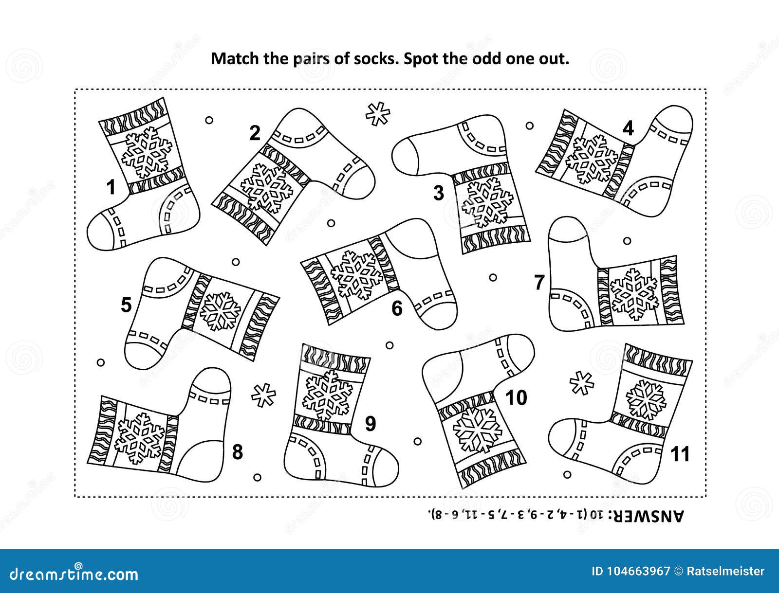 visual logic puzzle and coloring page with knitted socks