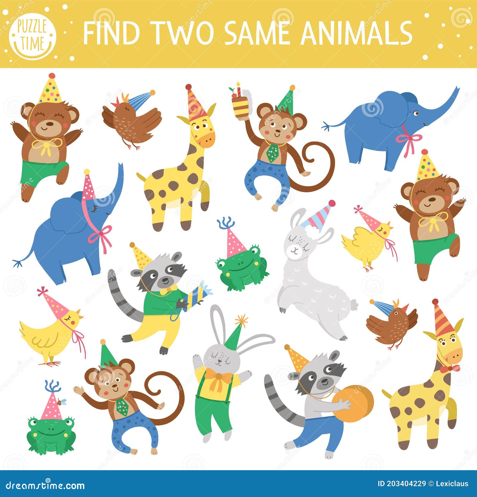 Find Two Same Animals. Holiday Matching Activity for Children. Funny Educational Birthday Logical Quiz Worksheet for Kids Stock Vector - Illustration of learning, birthday: 203404229 Find Two Same Animals. Holiday Matching Activity for Children. Funny Educational Birthday Logical Quiz Worksheet for Kids Stock Vector - Illustration of learning, birthday: 203404229