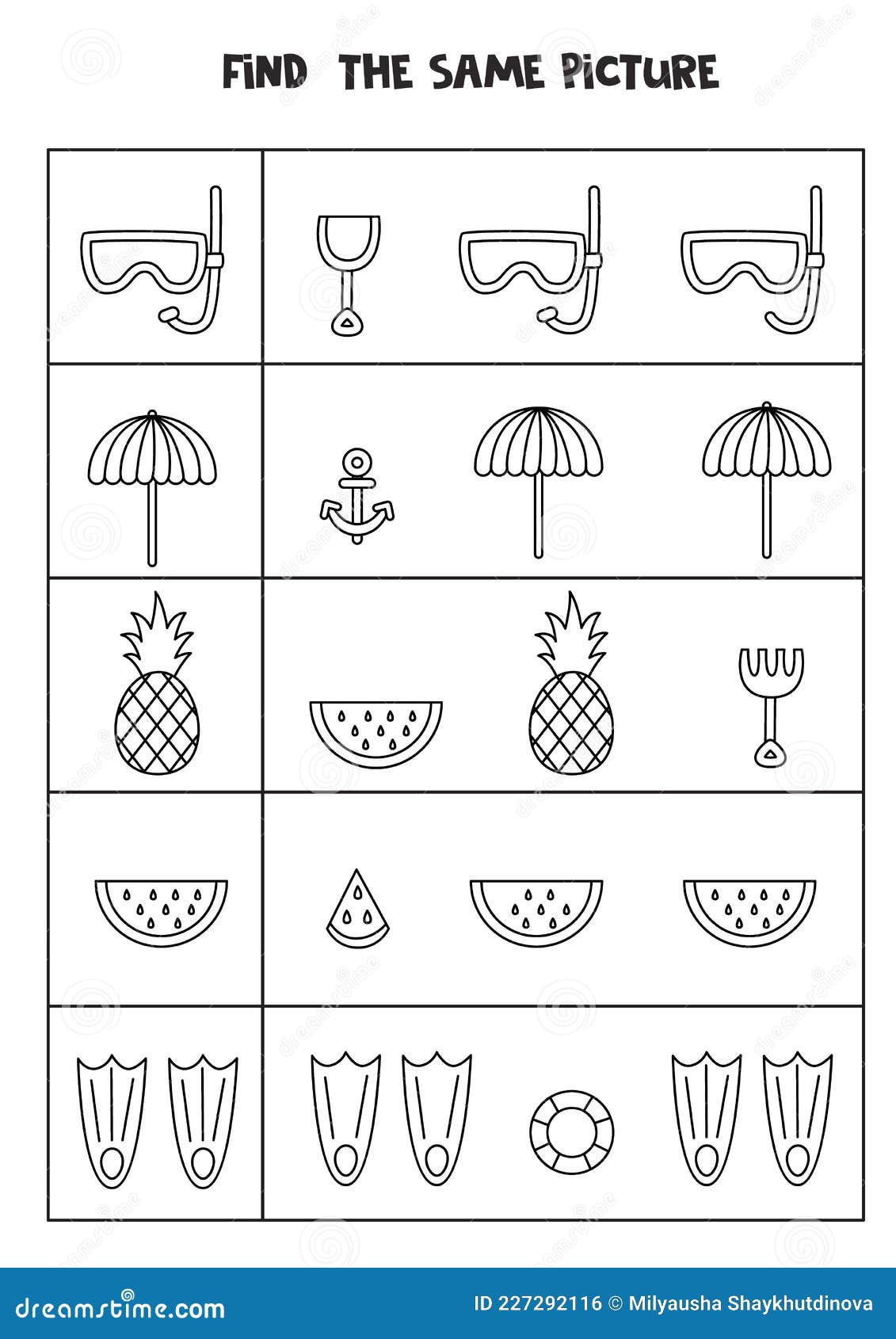 Find Two the Same Summer Elements. Black and White Worksheet. Stock ...