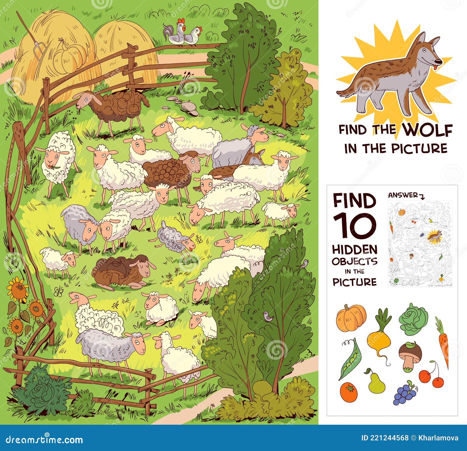 find the wolf among the sheep. find 10 hidden objects