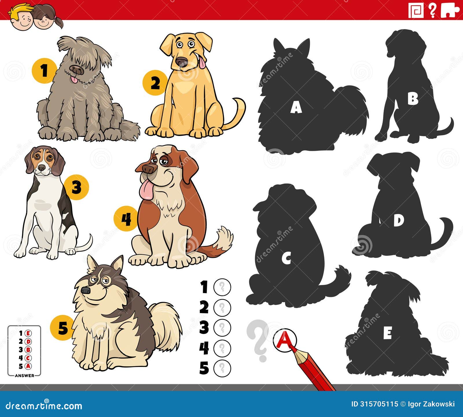 finding shadows game with cartoon purebred dogs