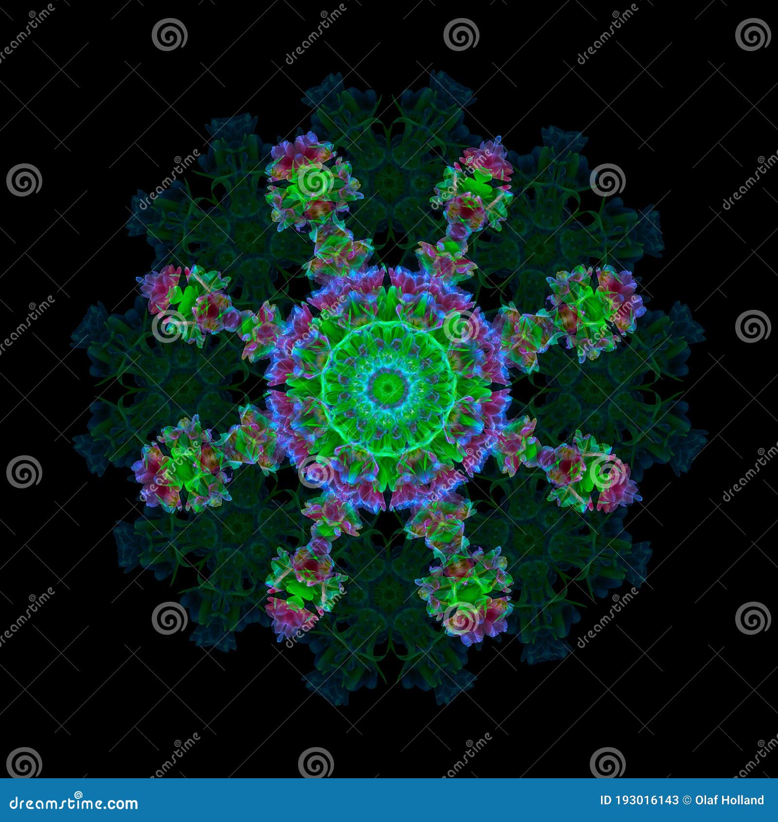 geometrical symmetrical baroque color pattern made from macros of red blue green tulips