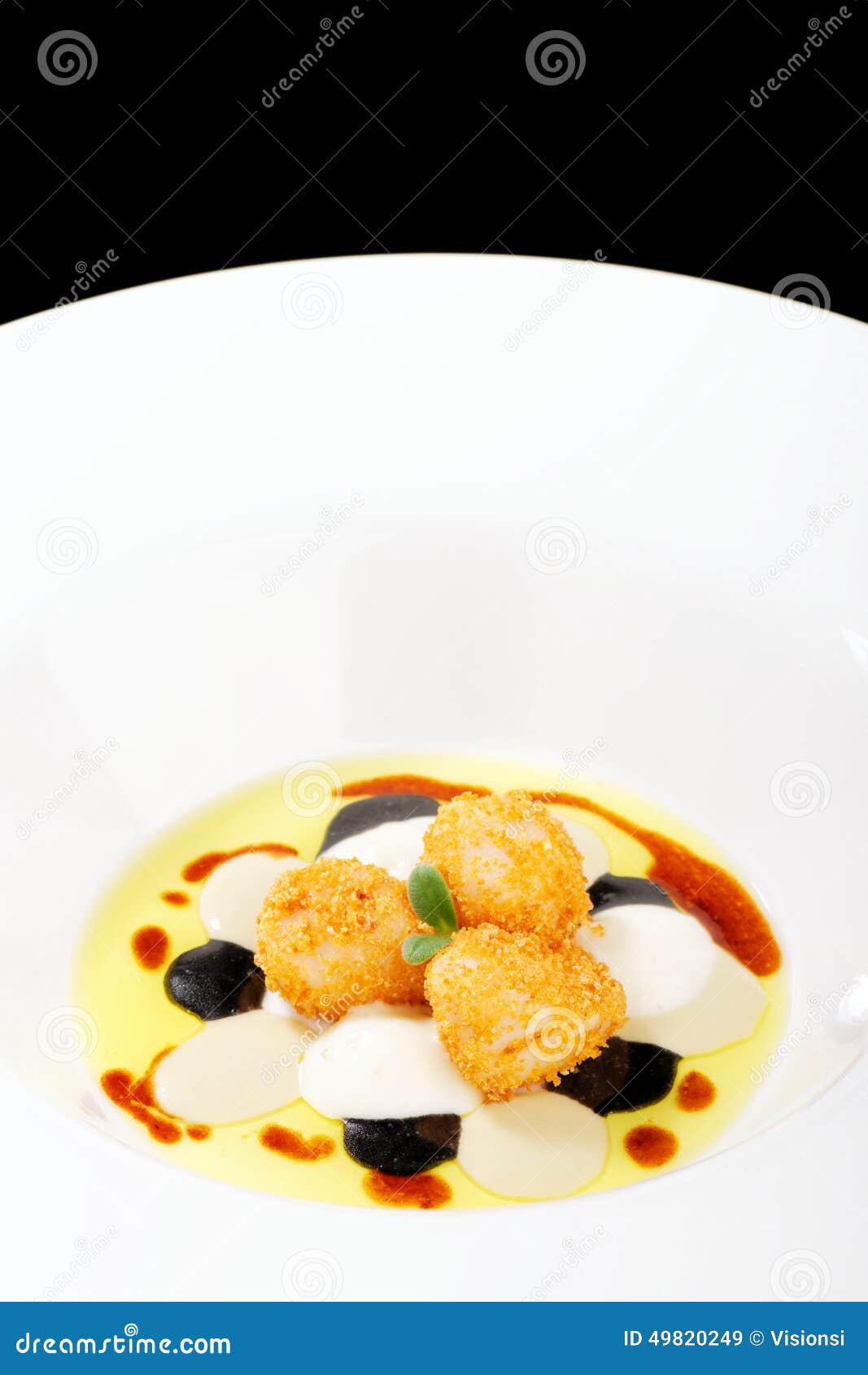 Fine Dining, Deep Fried Scallops with Olive Oil, Cheese Stock Image
