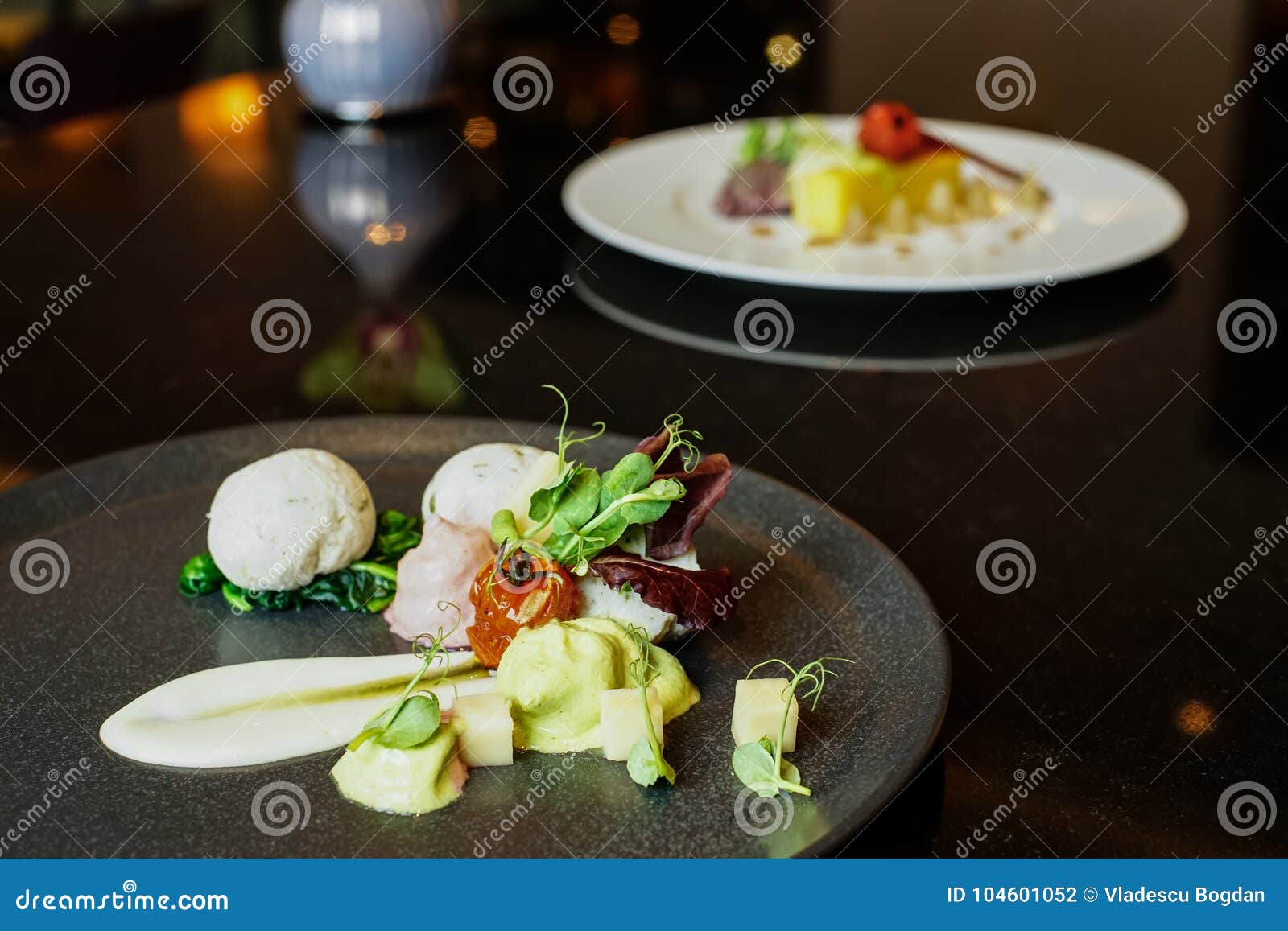 Fine dining plate closeup stock photo. Image of cuisine 104601052