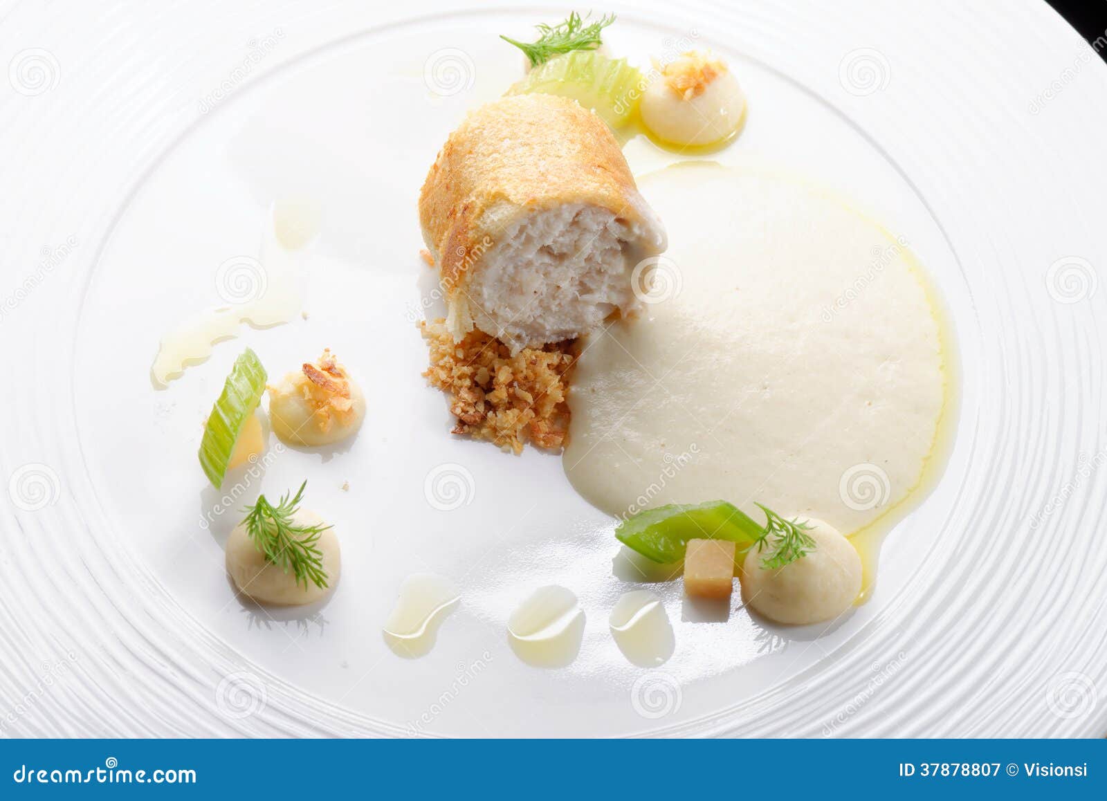 Fine Dining, Trout Fish Fillet Breaded in Herbs and Spice Stock Image
