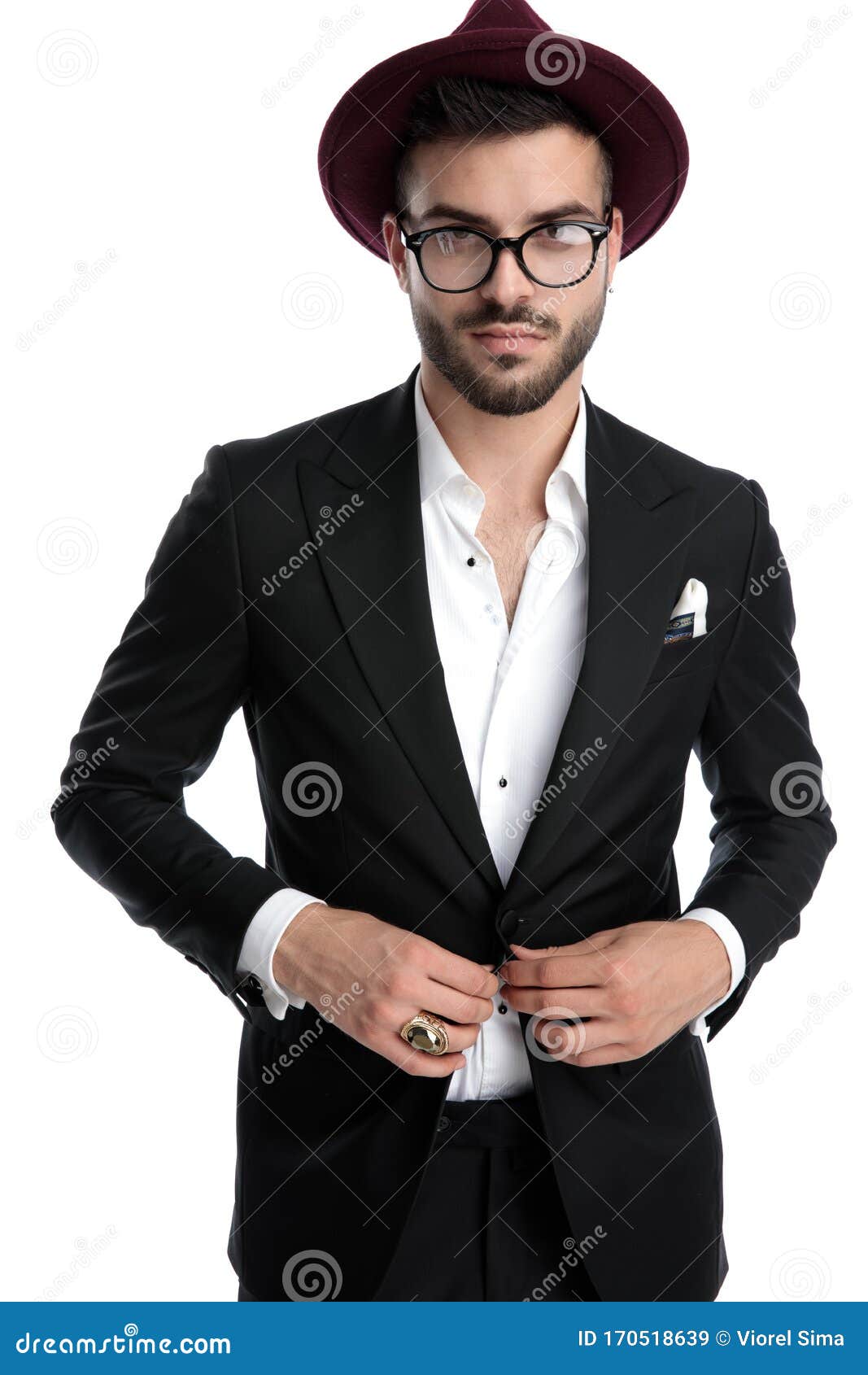 Formal Business Man Standing and Holding Button Happy Stock Image ...
