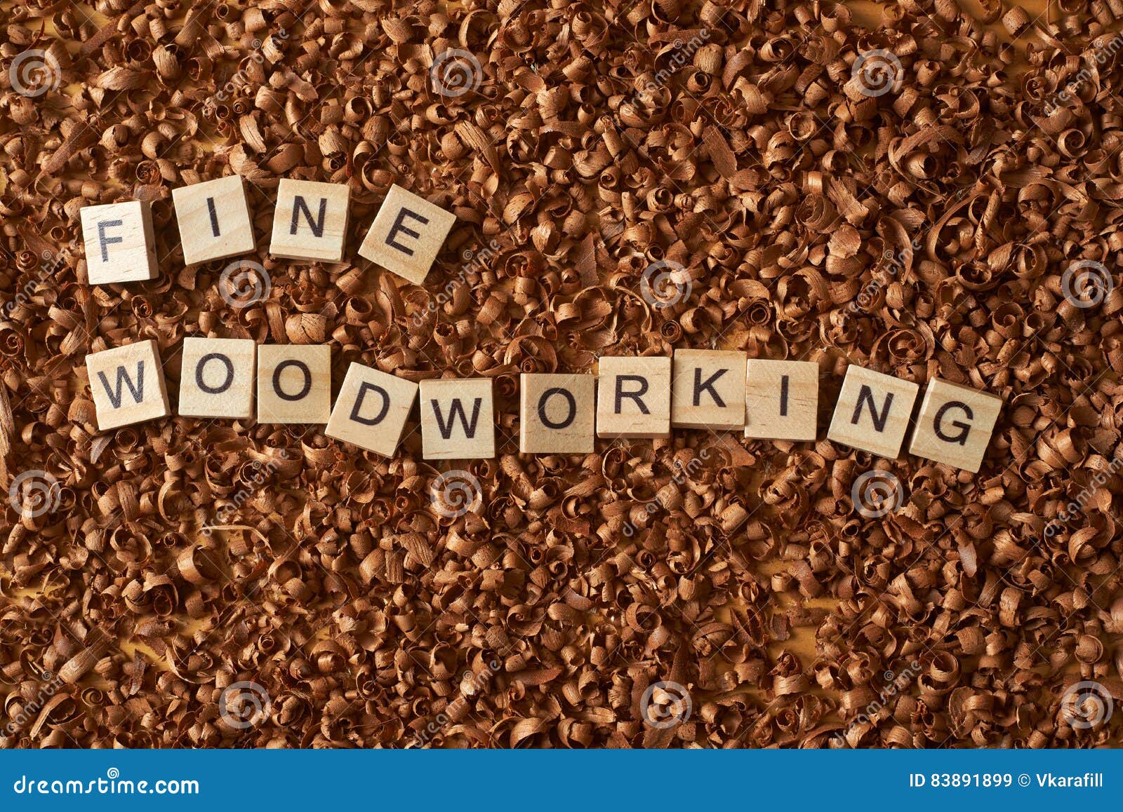 Fine Woodworking Word Writen with Letters on a Wood Chips Stock Image
