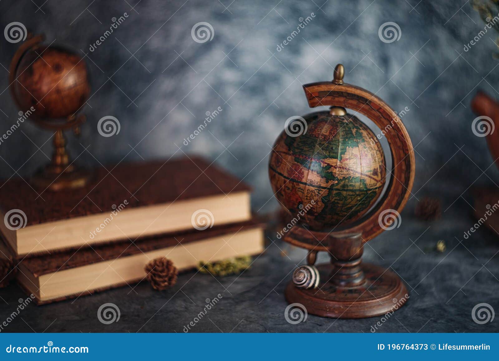 fineart concept shot. stilllife with rustic books  with flowers and globe on grey backgrounds