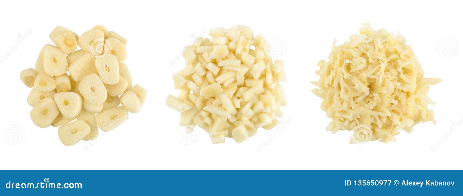 finely chopped garlic, grated garlic, set of three kinds  on white background, top view.