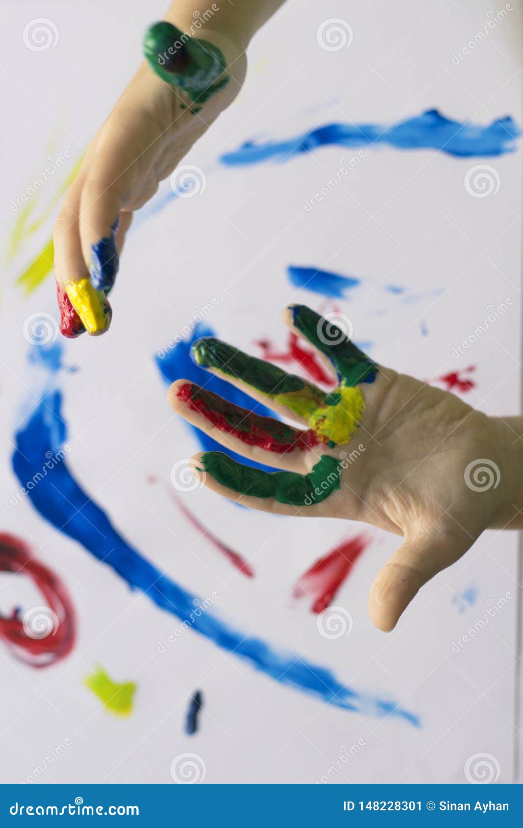 Hand of Child while Doing Fingerpaint. Stock Image Image of child