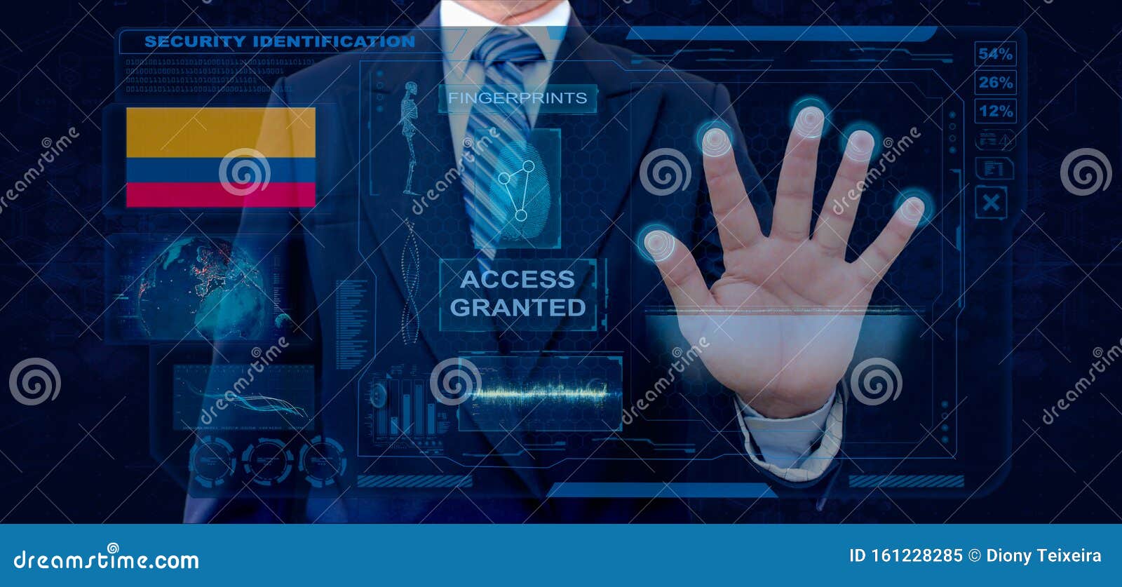 finger print biometric scanning identification system. businessman scan fingerprint biometric identity and approval. colombia