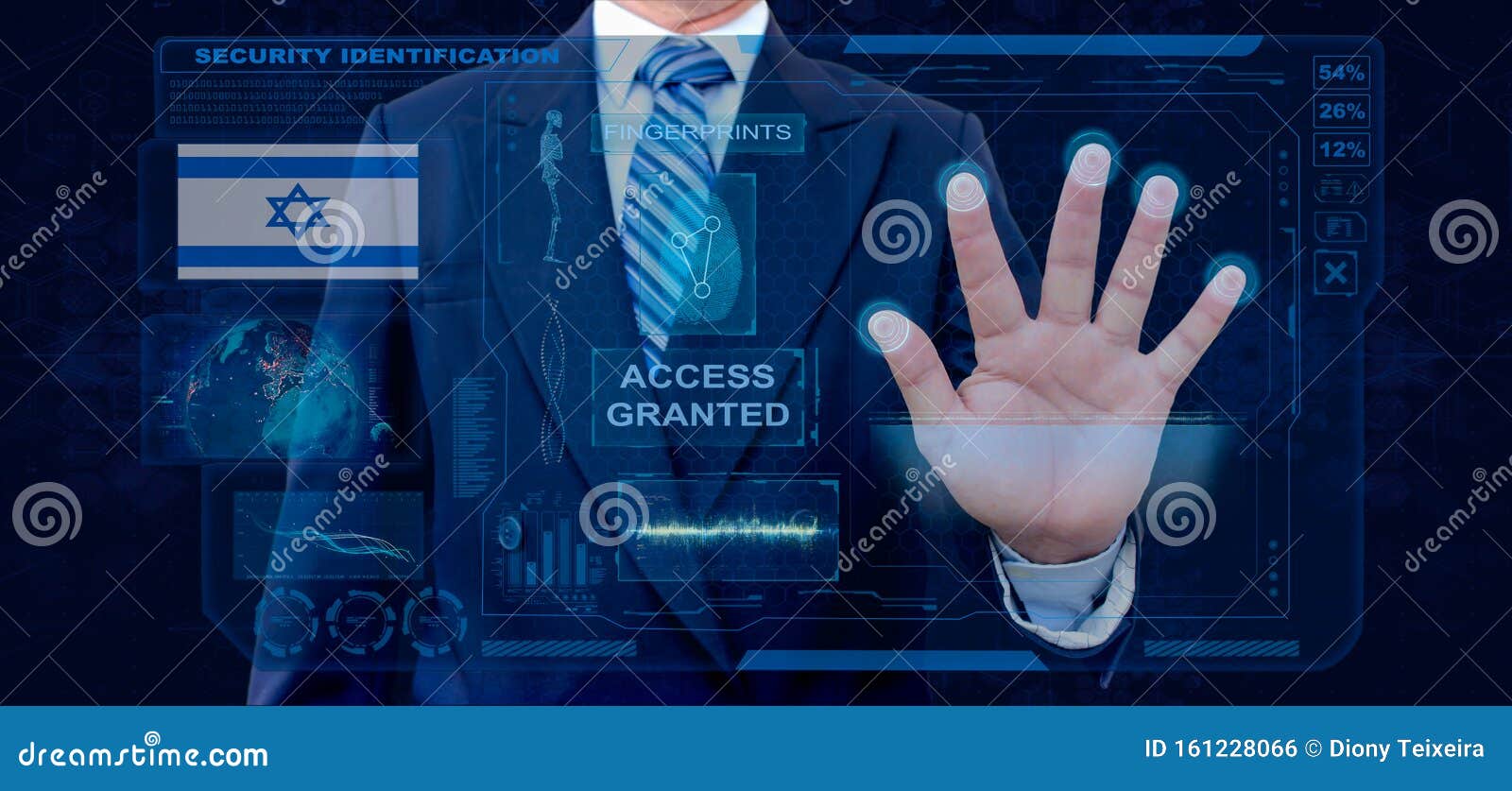 finger print biometric scanning identification system. businessman scan fingerprint biometric identity and approval. israel