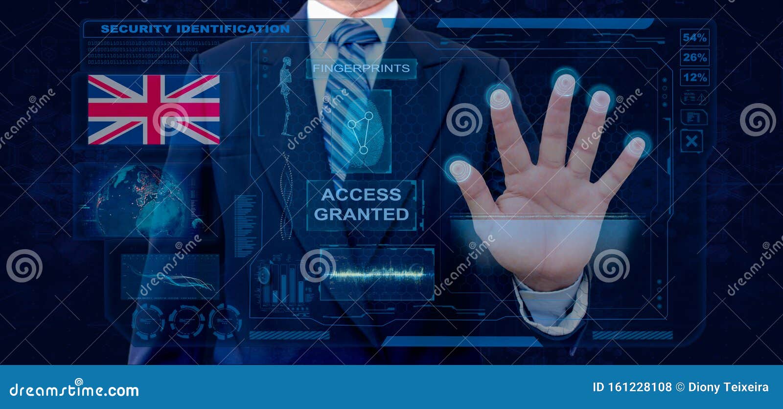 finger print biometric scanning identification system. businessman scan fingerprint biometric identity and approval. united