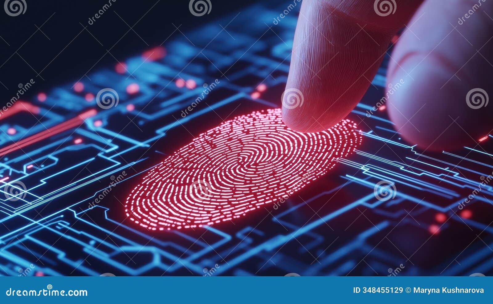 finger scanning tech for secure login. futuristic biometric auth system. person touches tech device. fingerprint data lights up.