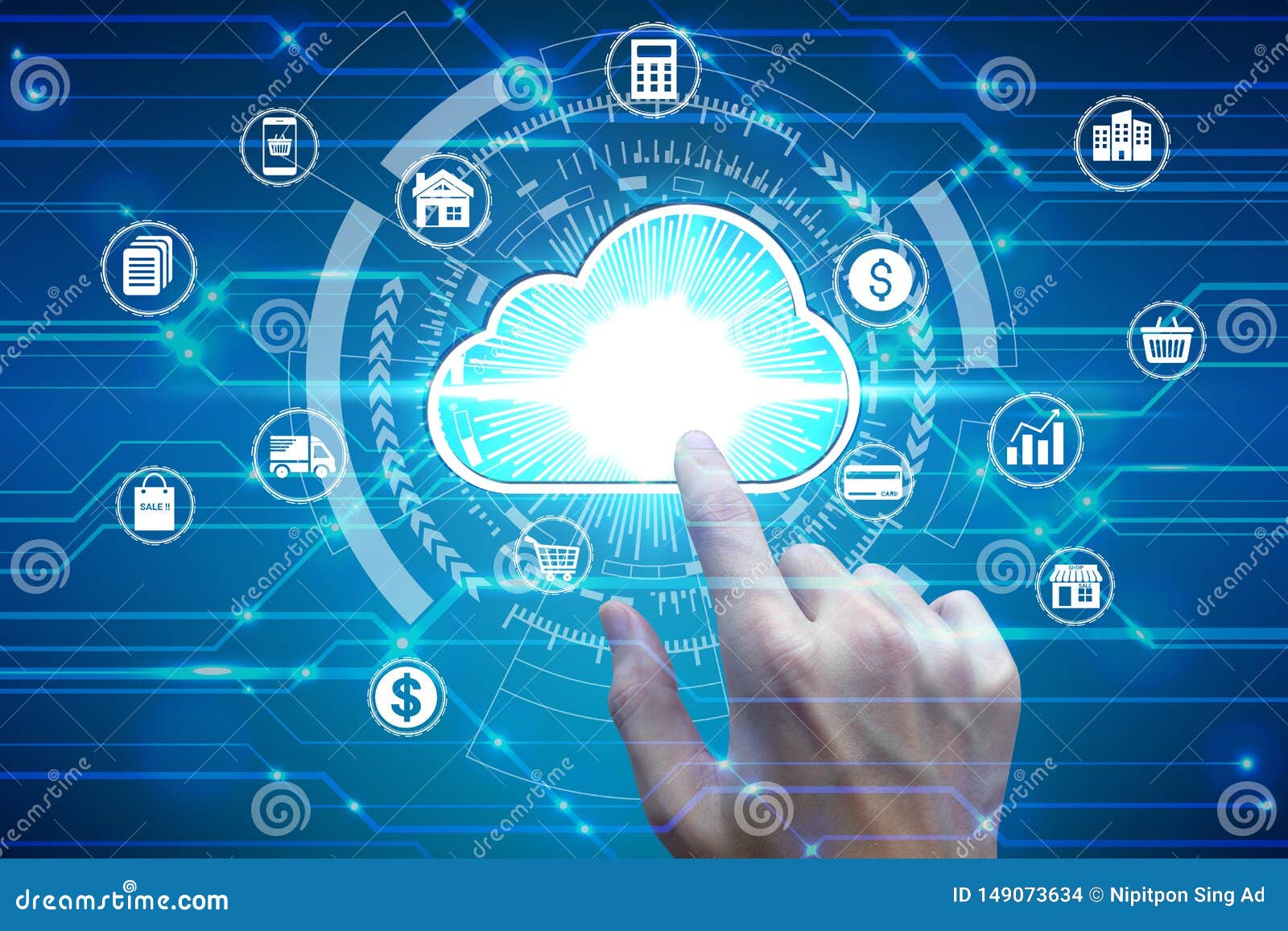 Finger Touch With Virtual Cloud Computing Icon Over The Network