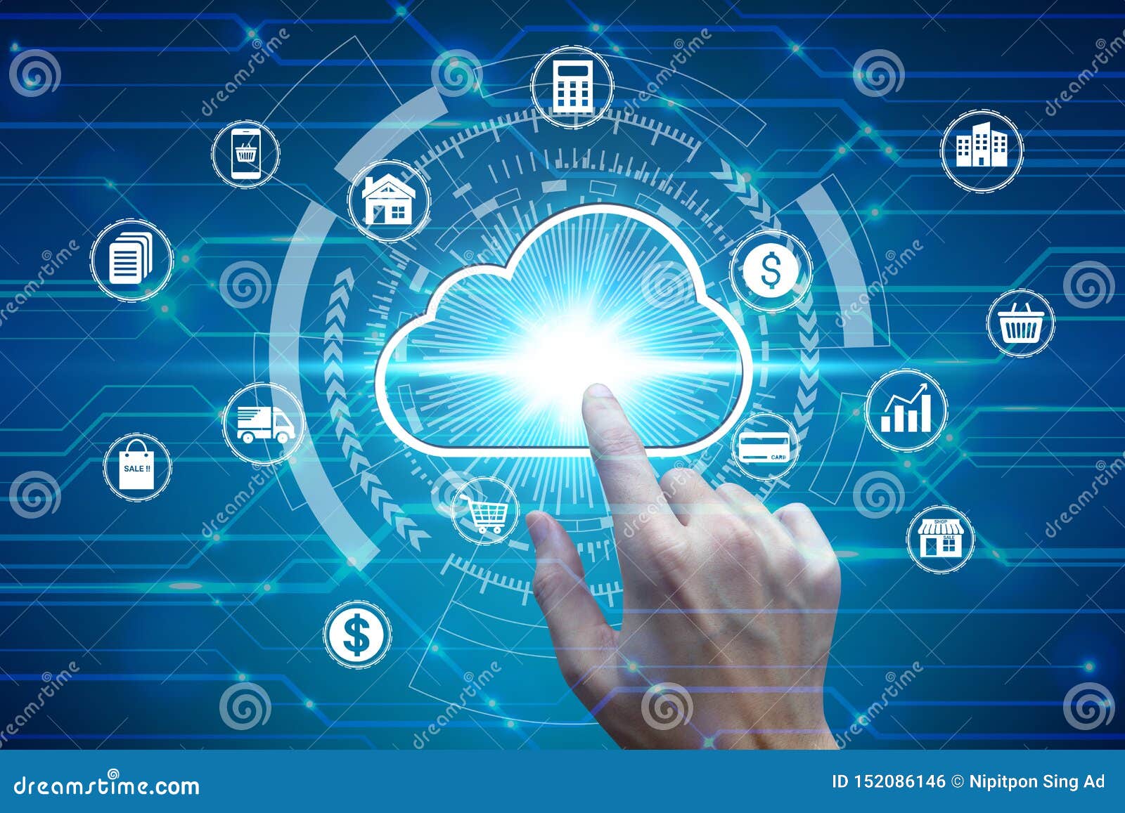Finger Touch With Virtual Cloud Computing Icon Over The Network