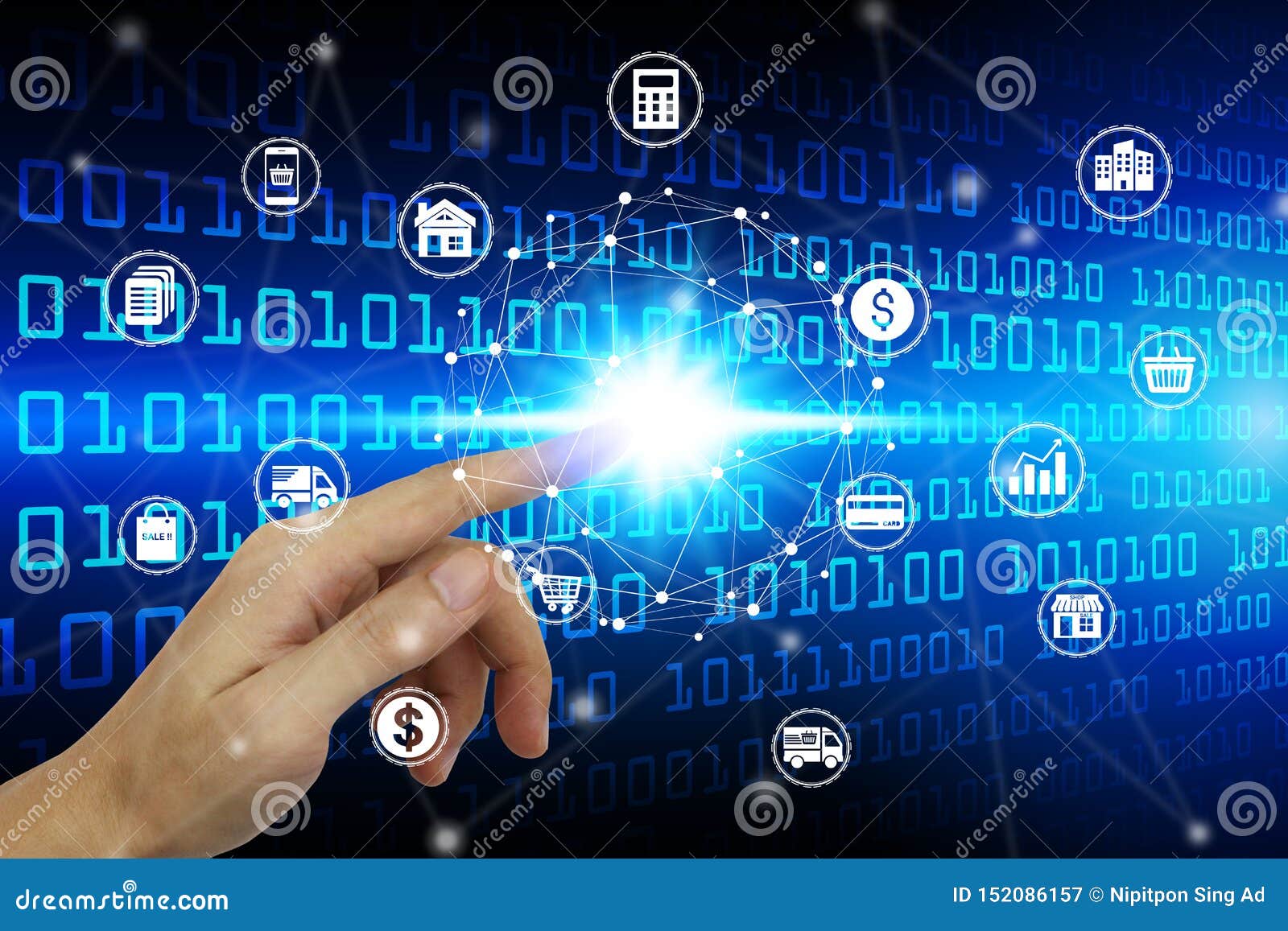 Finger Touch With Virtual Cloud Computing Icon Over The Network