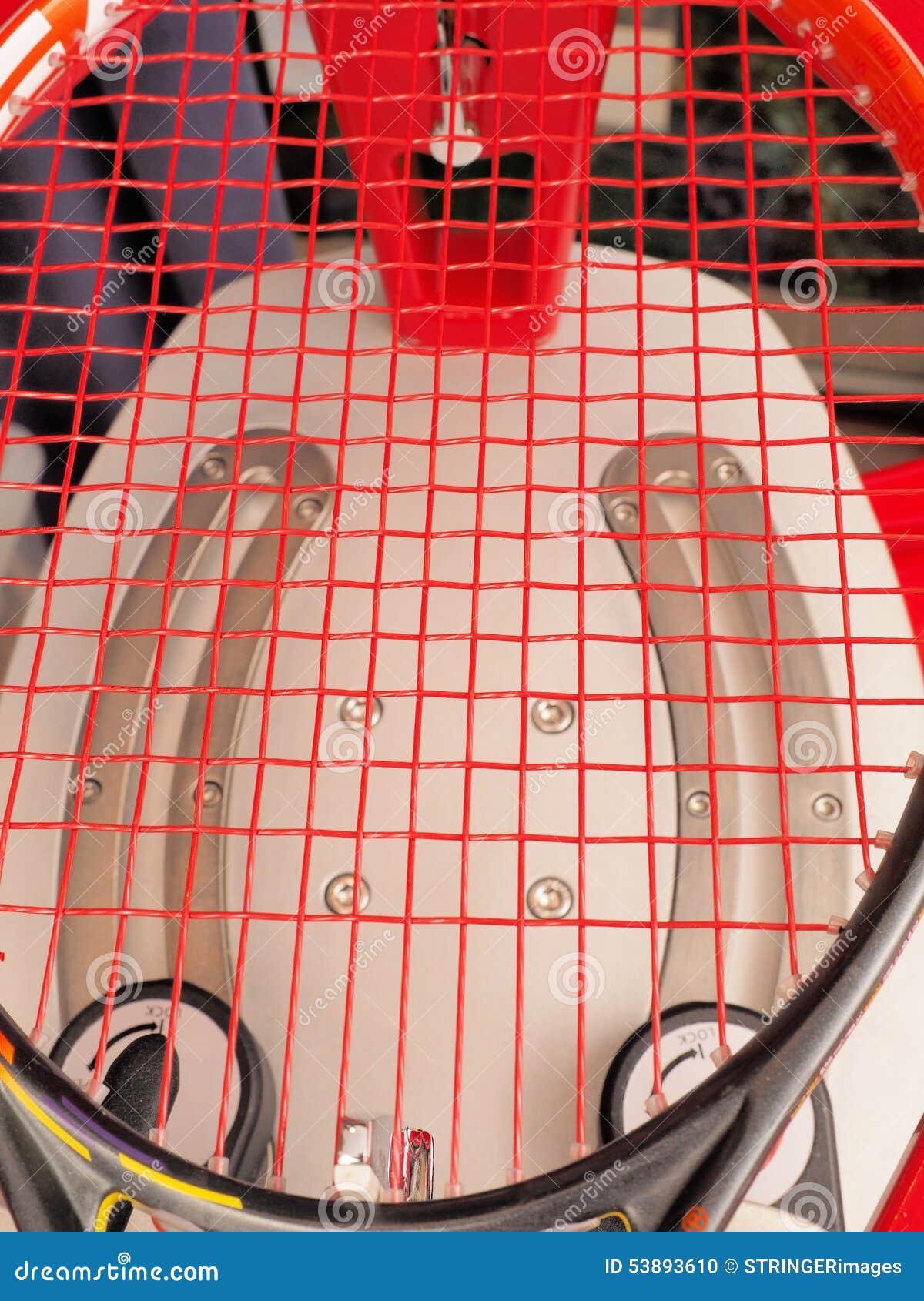 Finished Tennis Racquet Freshly Strung on a Electronic Stringing Machine Stock Photo Image of