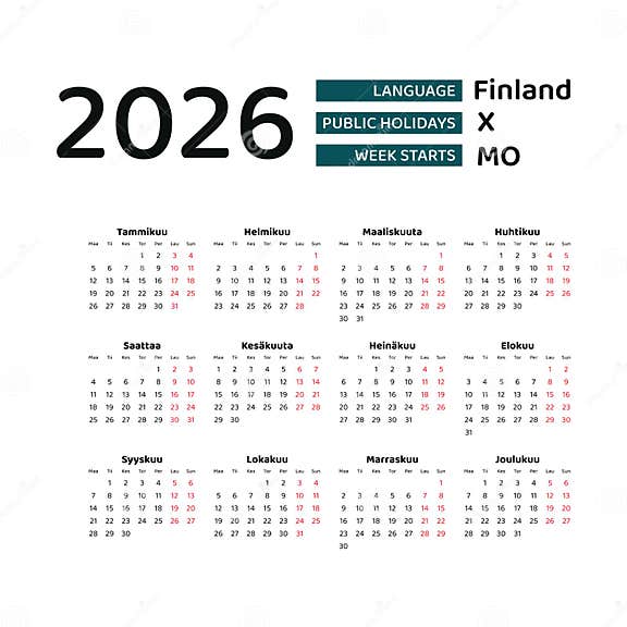 Finland Calendar 2026. Week Starts from Monday. Vector Graphic Design