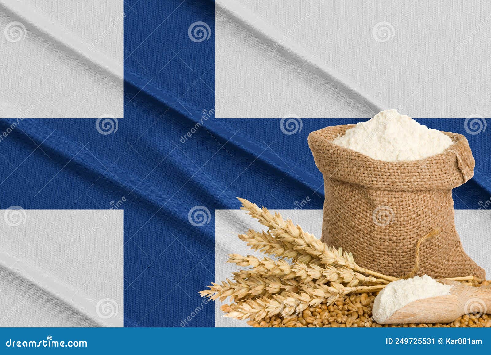 finlandia grain crisis, concept global hunger crisis,  on background flag finlandia wheat grain. concept of growing wheat in