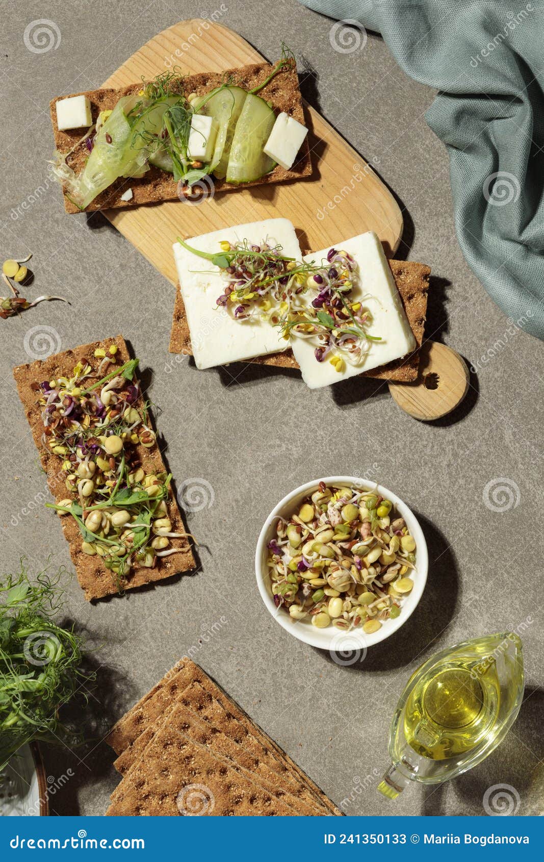 Finn Crisp with Sprouts, Microgreens, Tofu or Cheese. Top View on a Gray  Background, Vertical Stock Image - Image of finncrisp, culinary: 241350133