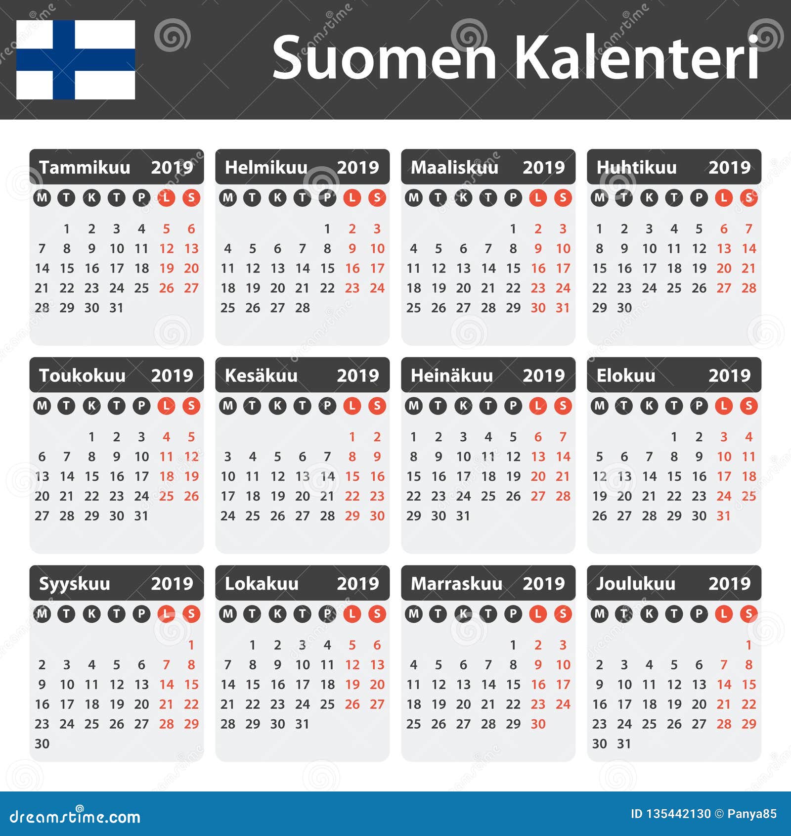 Finnish Calendar for 2019. Scheduler, Agenda or Diary Template. Week