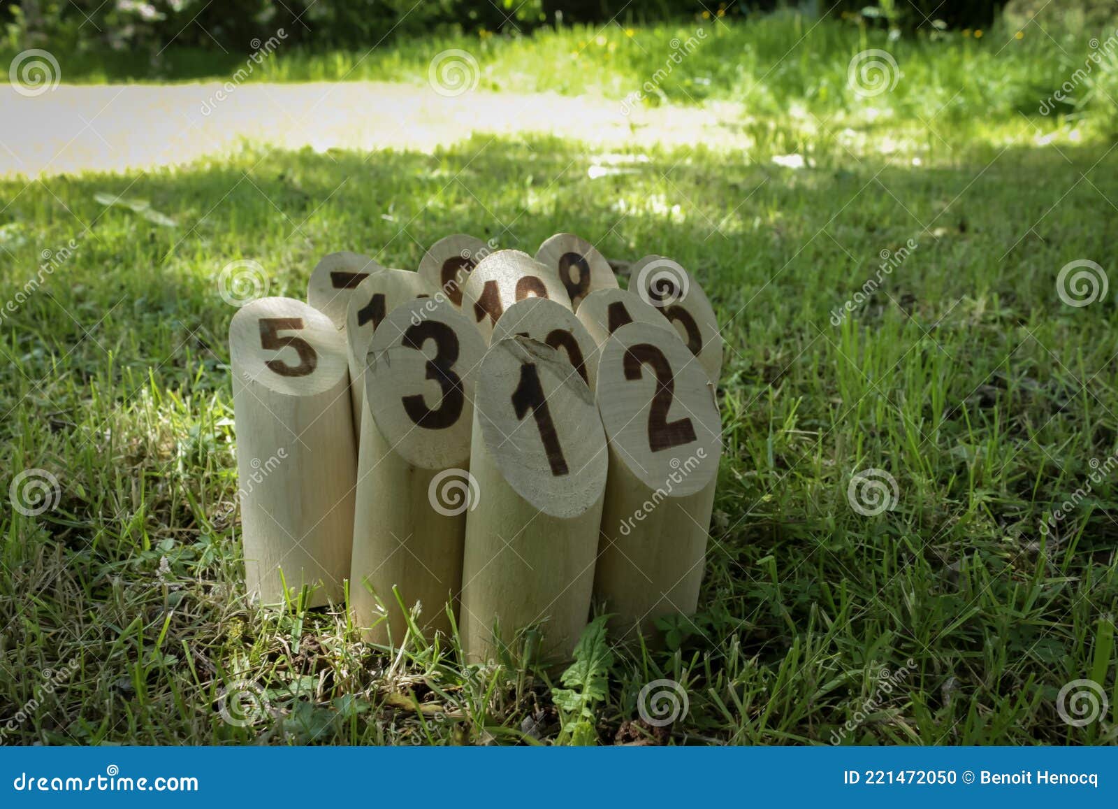 finnish family outdoor throwing game called molkky with numbered wooden pieces or skittles in the grass